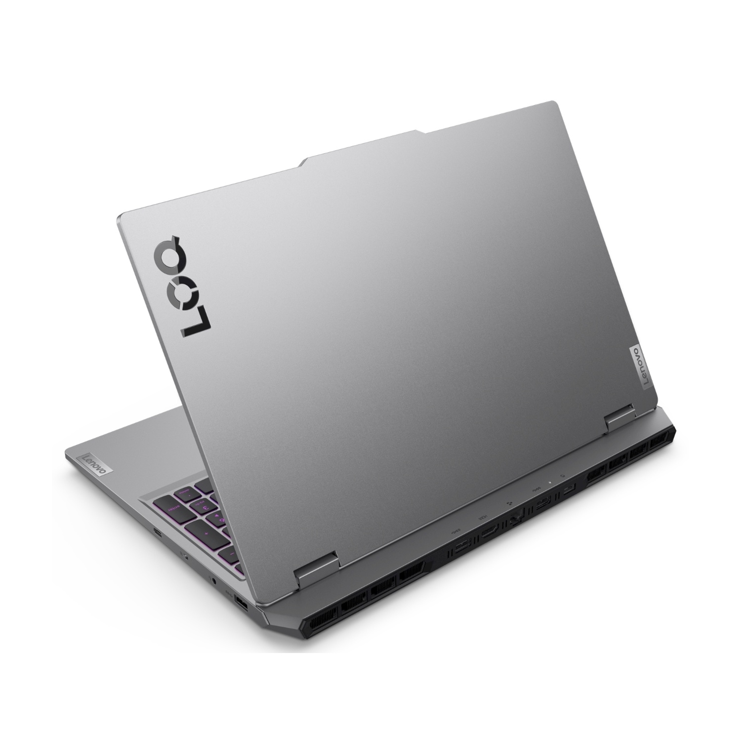 Laptop argentato, vista posteriore, leggermente angolata, con logo. Sfondo bianco.