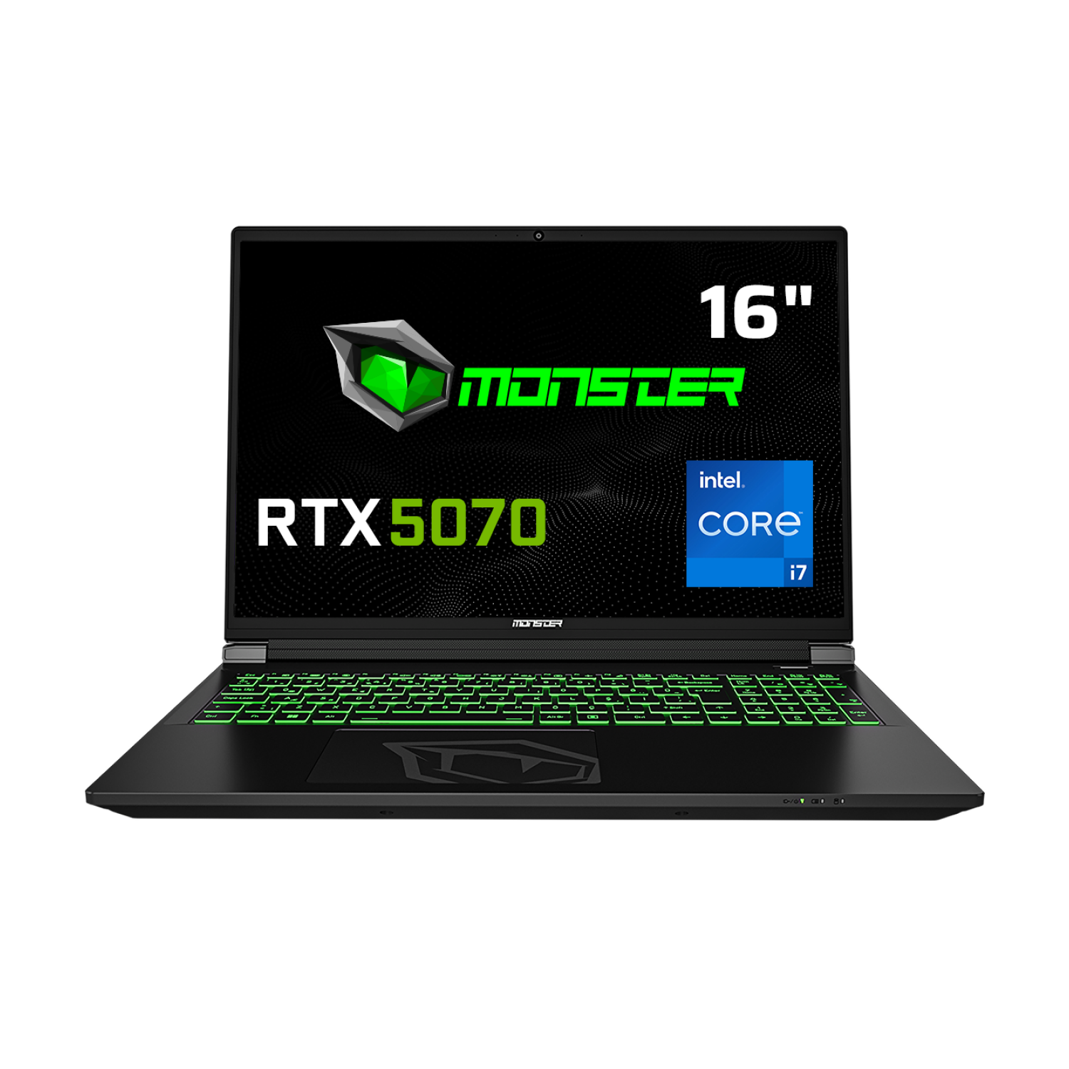 Siyah dizüstü bilgisayar, açık, ekran, RTX 5070, intel core i7, yeşil arkadan aydınlatmalı klavye.
