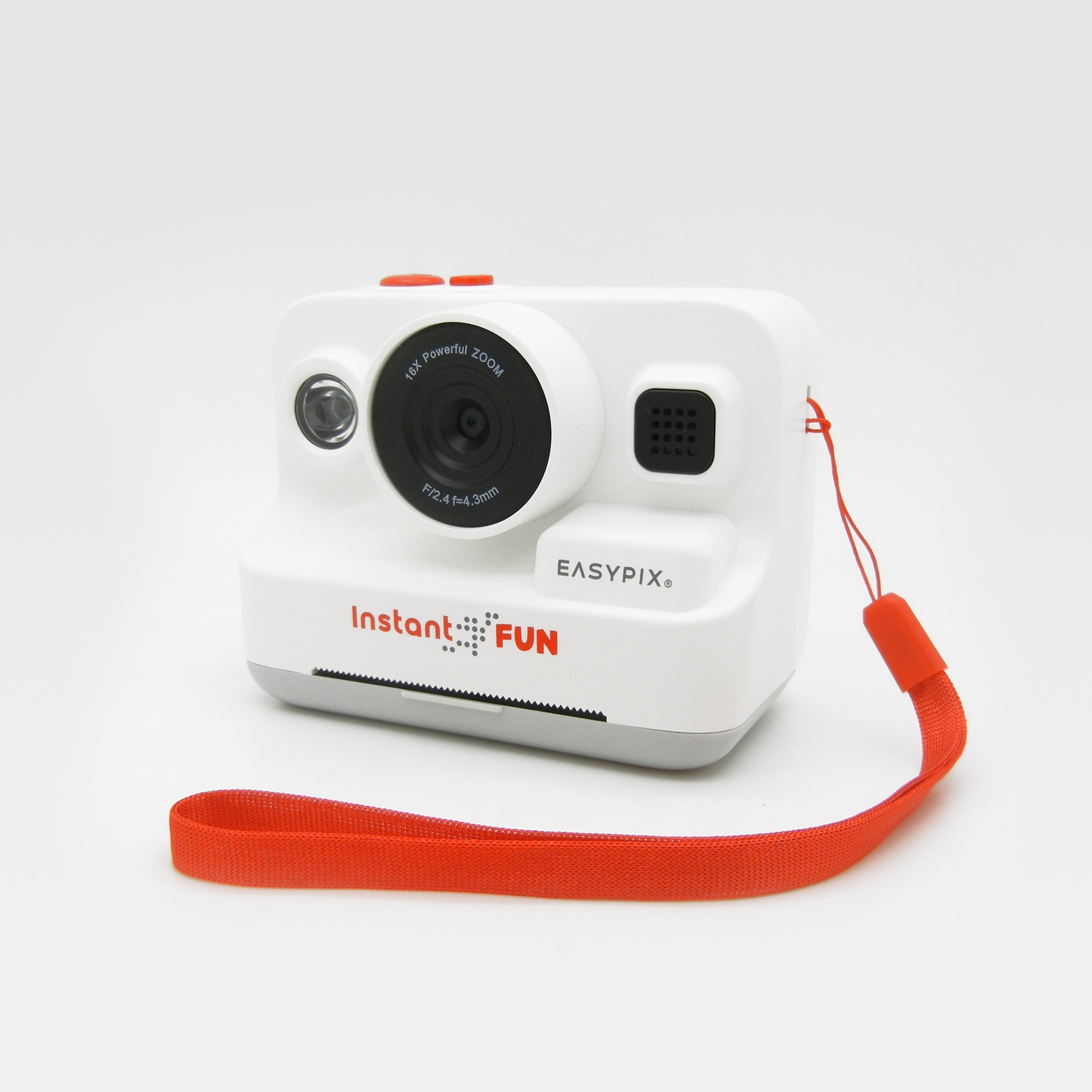 Fotocamera istantanea bianca, cinturino rosso, obiettivo nero e marchio EasyPix.