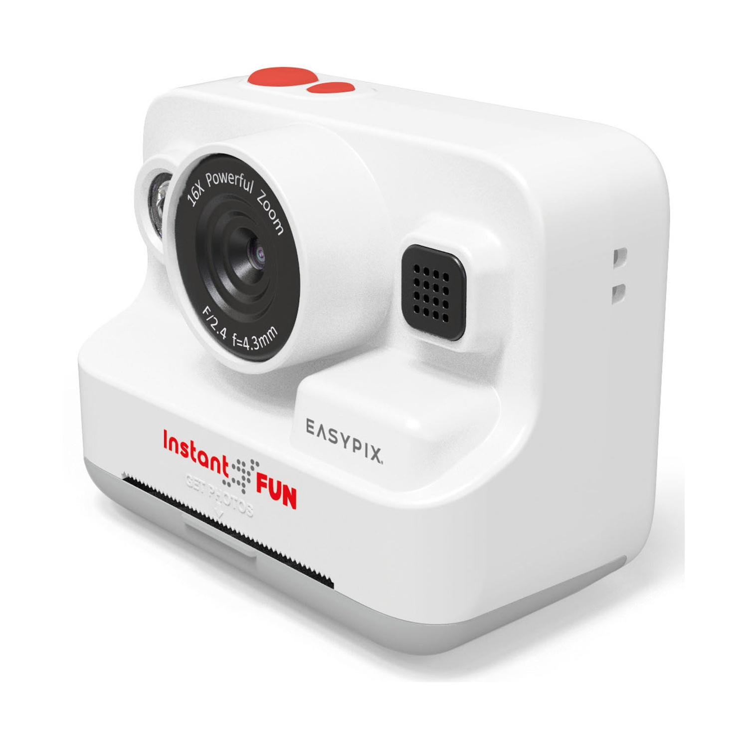 Una fotocamera istantanea bianca con un pulsante rosso, obiettivo e la scritta 'Instant Fun'.