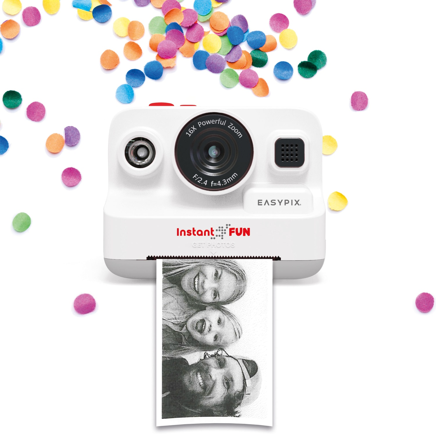 Fotocamera istantanea bianca che stampa foto con coriandoli, obiettivo nero e marchio EasyPix.