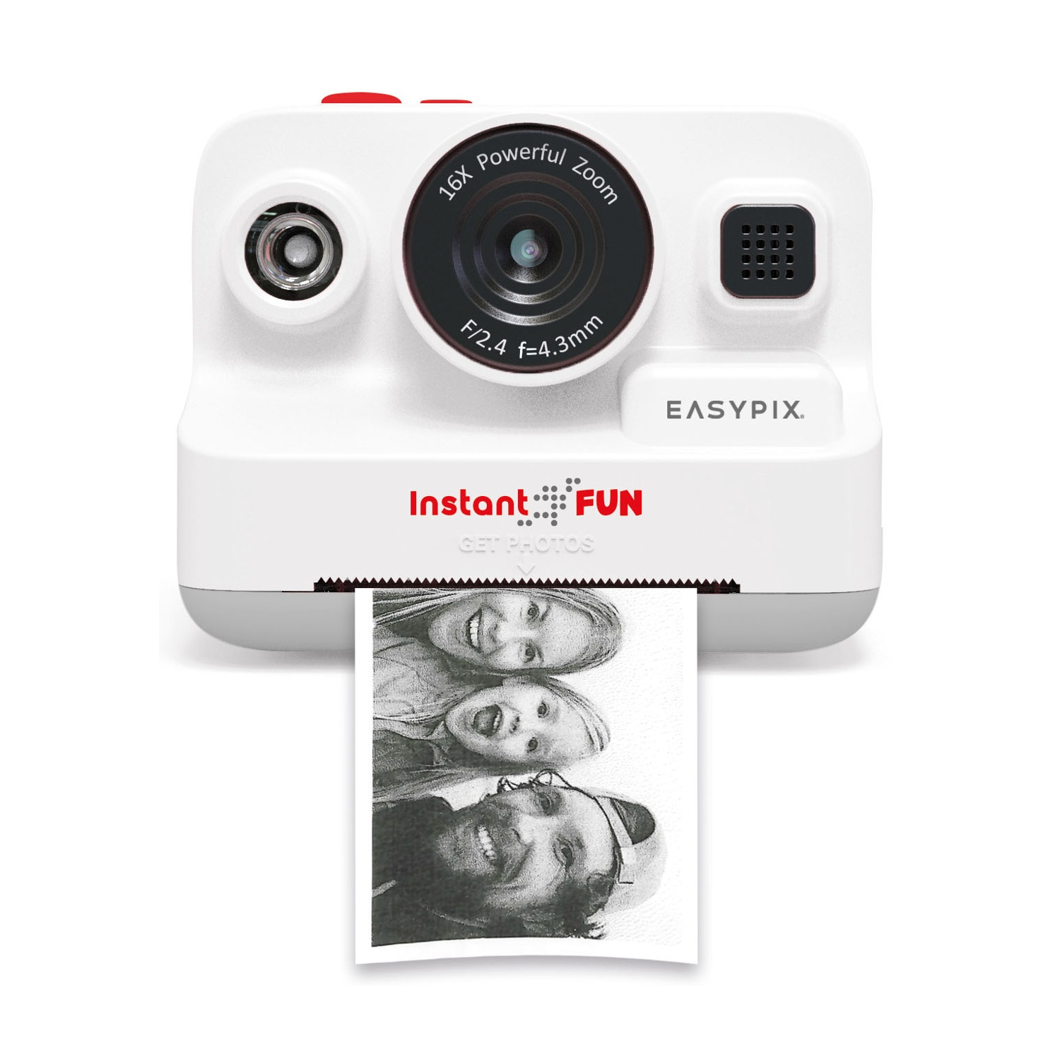 Fotocamera istantanea bianca che stampa una foto. La fotocamera ha un obiettivo nero e un pulsante rosso. La foto mostra tre persone.