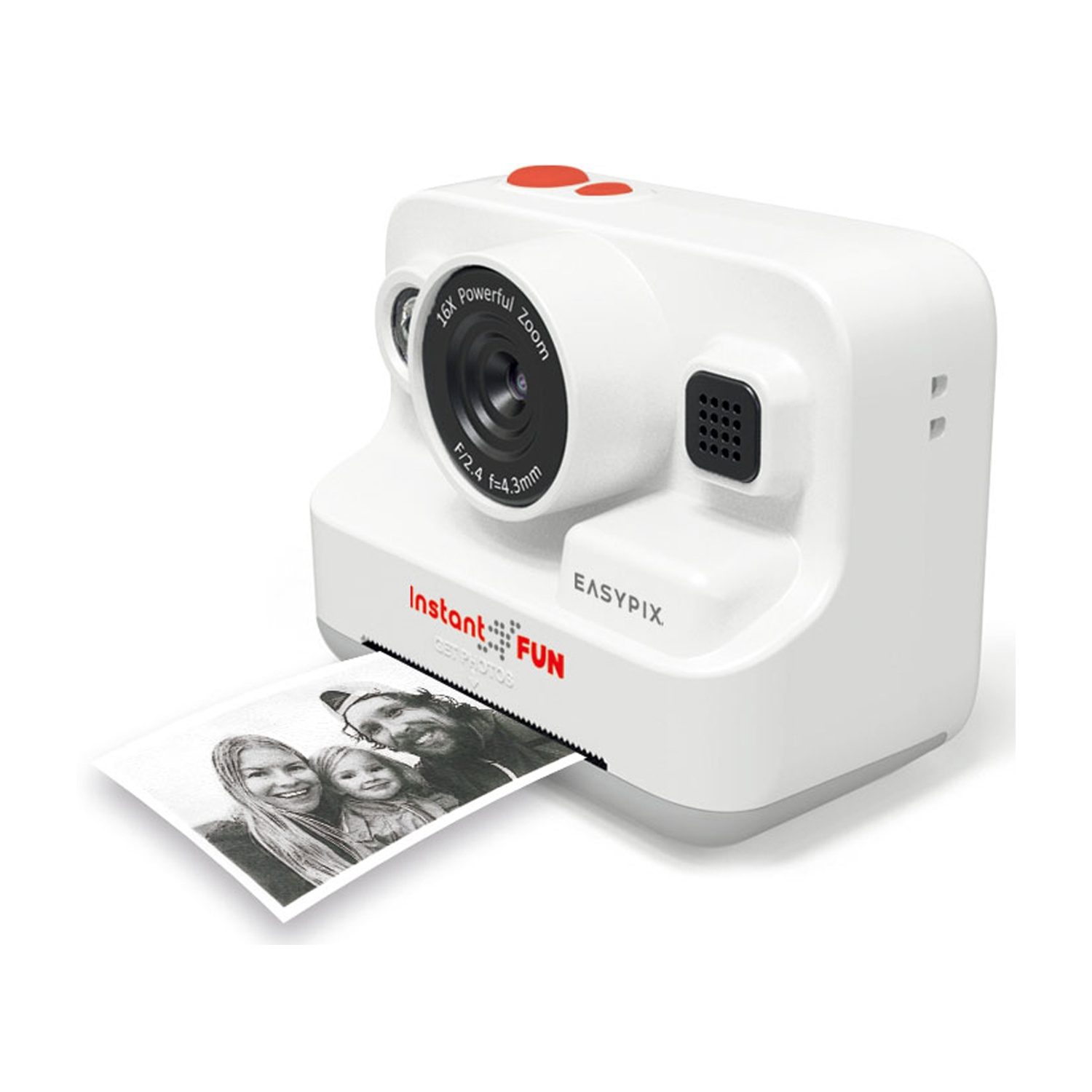 Fotocamera istantanea bianca che stampa foto, obiettivo nero e marchio EasyPix.