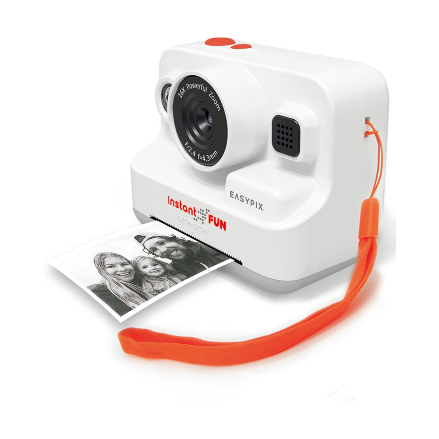 Fotocamera istantanea bianca che stampa foto e cinturino rosso, obiettivo nero e marchio EasyPix.