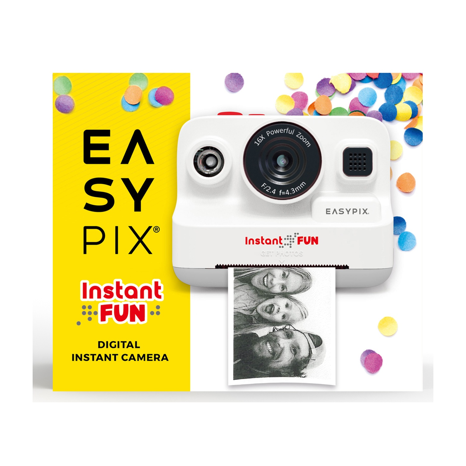Fotocamera istantanea bianca con scatola gialla e coriandoli. La fotocamera stampa una foto di tre persone. Testo sulla scatola: EASYPIX, Instant FUN.