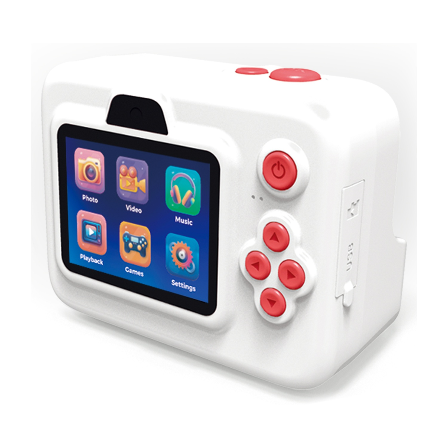 Fotocamera bianca con schermo che mostra icone per foto, video, musica, riproduzione, giochi e impostazioni. Ha pulsanti rossi.