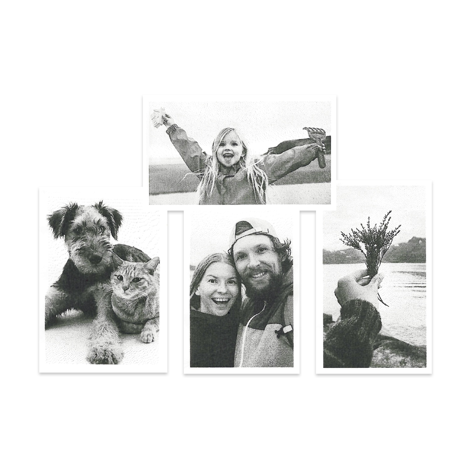 Quattro foto: ragazza con le braccia alzate, ragazza e cane, coppia e mano con fiori.