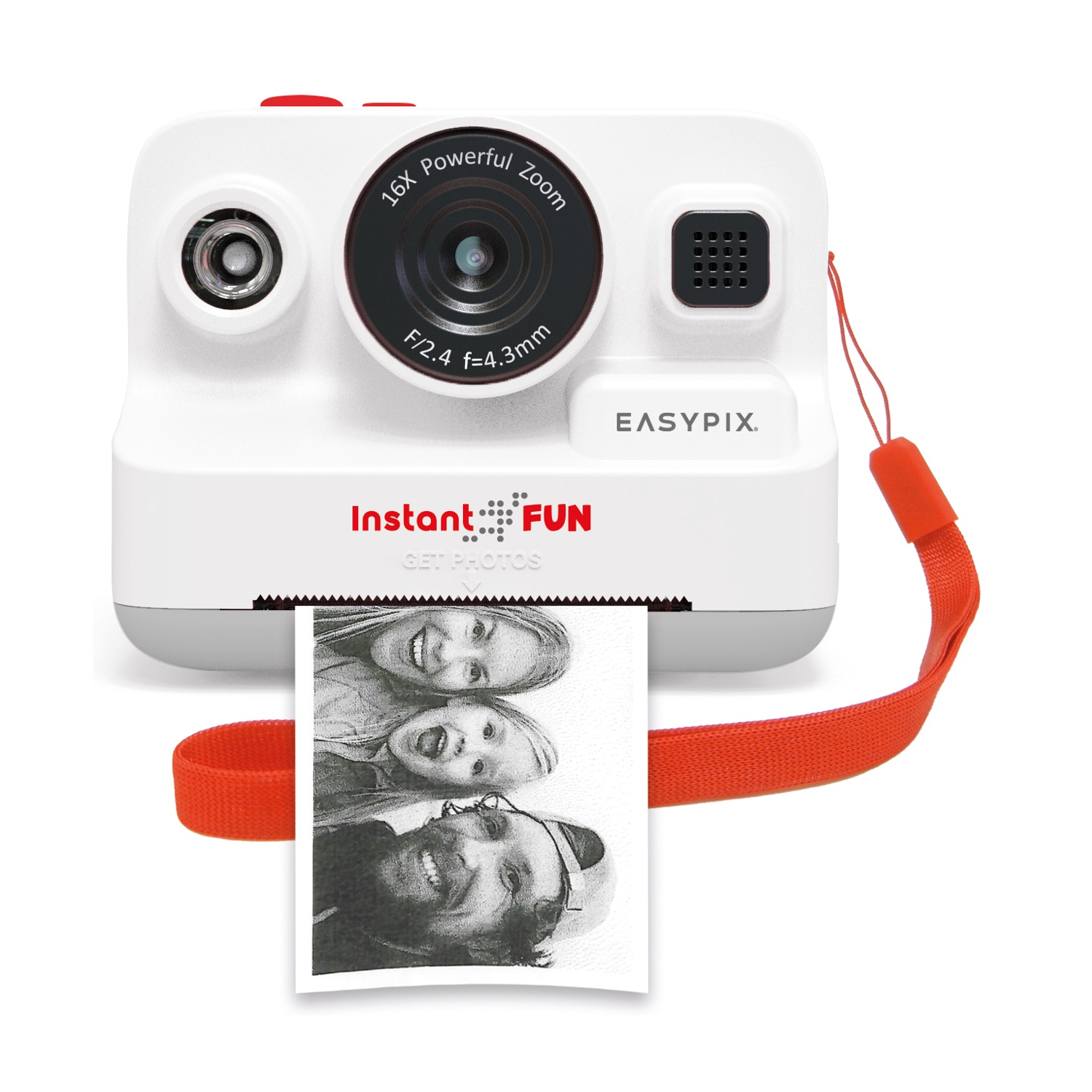 Fotocamera istantanea bianca che stampa foto e cinturino rosso, obiettivo nero e marchio EasyPix.