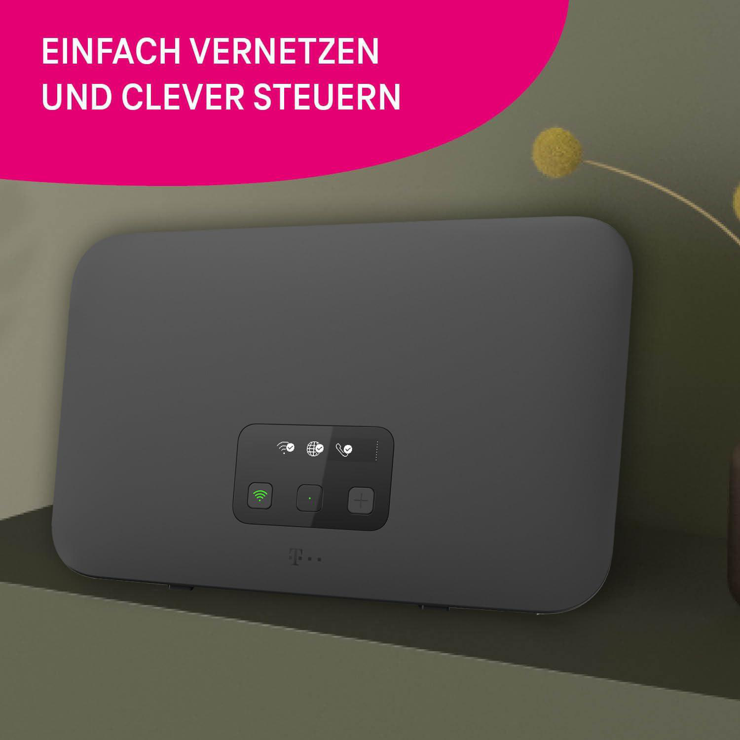 Ein dunkelgrauer Router auf einer grünen Oberfläche, mit pinkfarbenem T-Mobile-Logo und Text.