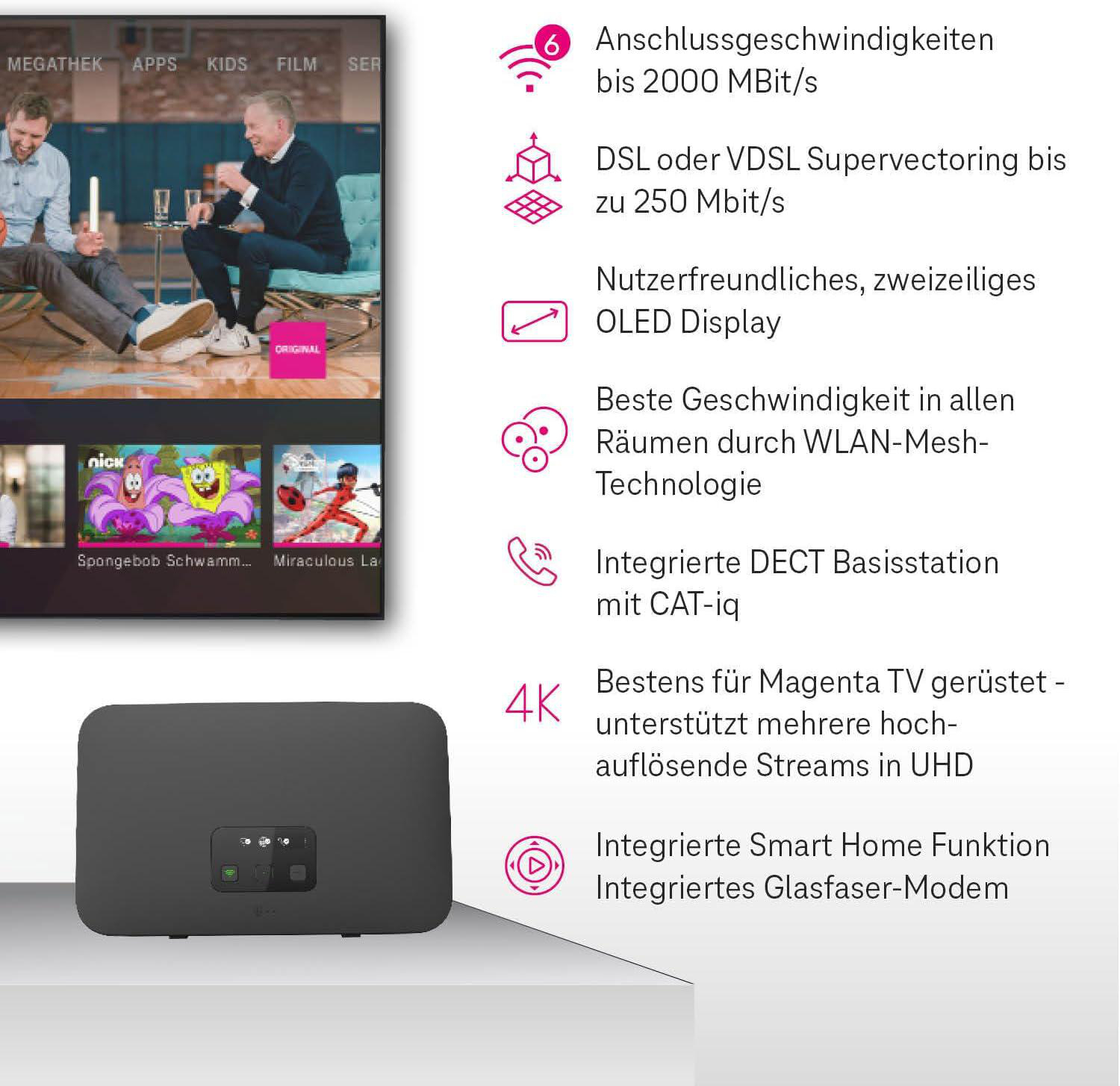 Ein schwarzes Modem mit einem Fernsehbildschirm mit einem Cartoon befindet sich im Vordergrund. Menschen sind im Hintergrund.