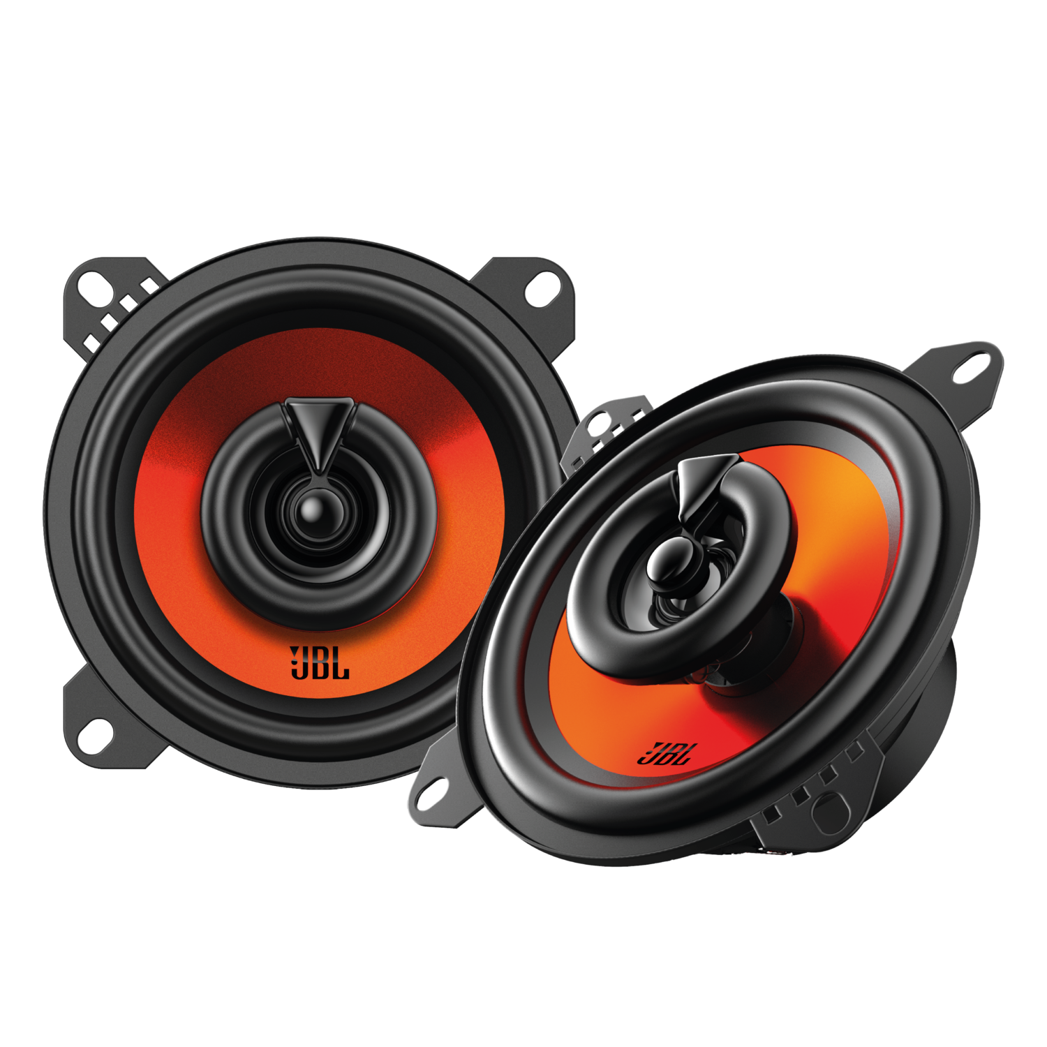 Deux haut-parleurs de voiture JBL noirs avec des centres orange sont inclinés sur un fond noir.