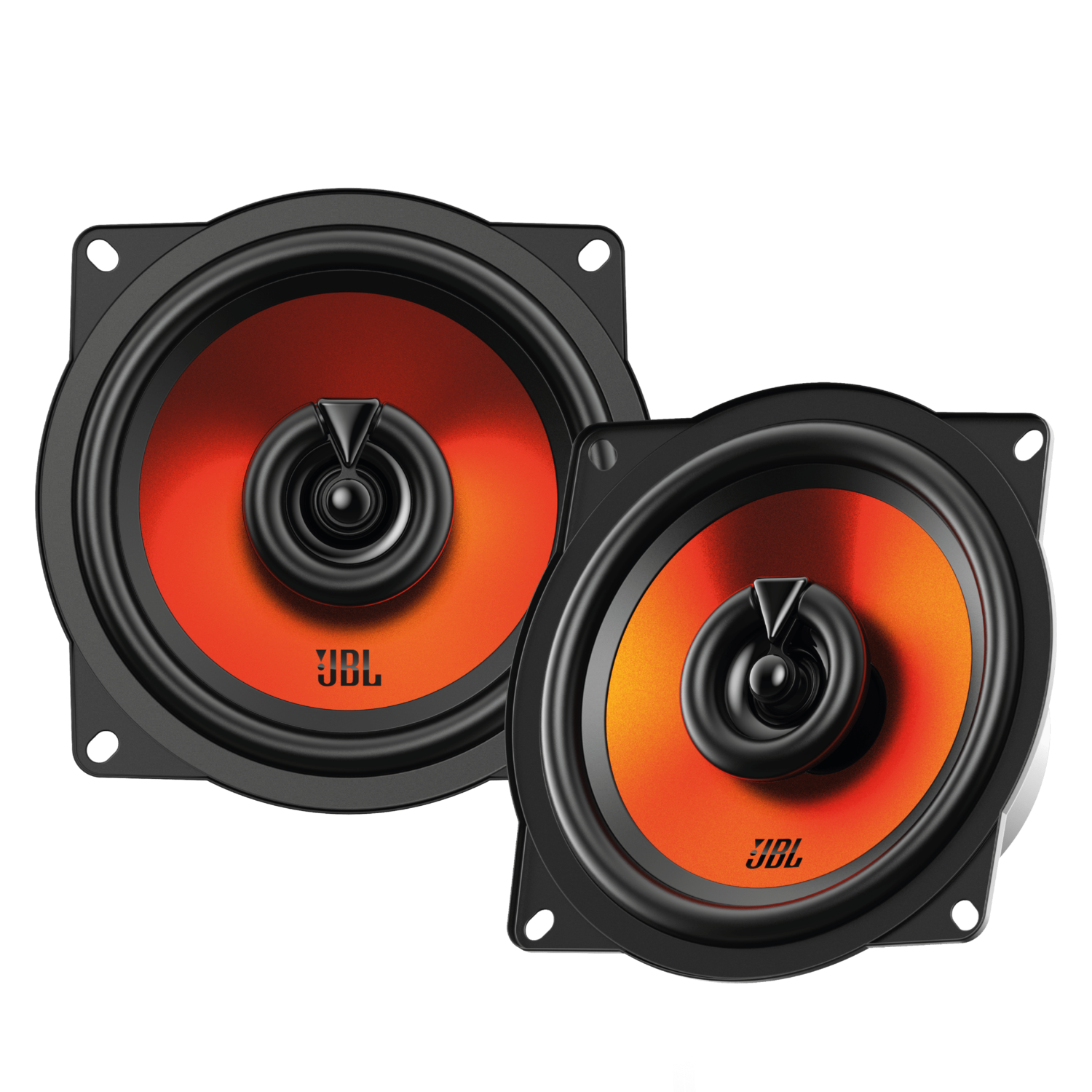Deux haut-parleurs de voiture JBL noirs avec des centres orange, sur fond noir.