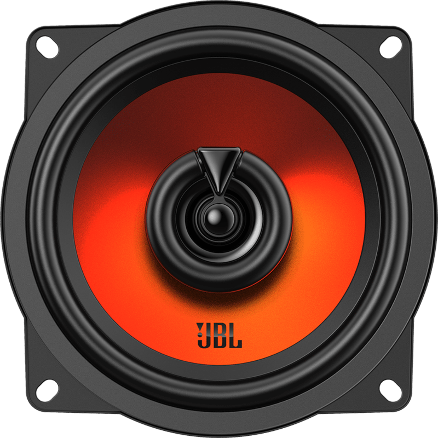 Un haut-parleur de voiture JBL noir avec un centre orange et le logo JBL, fond noir.