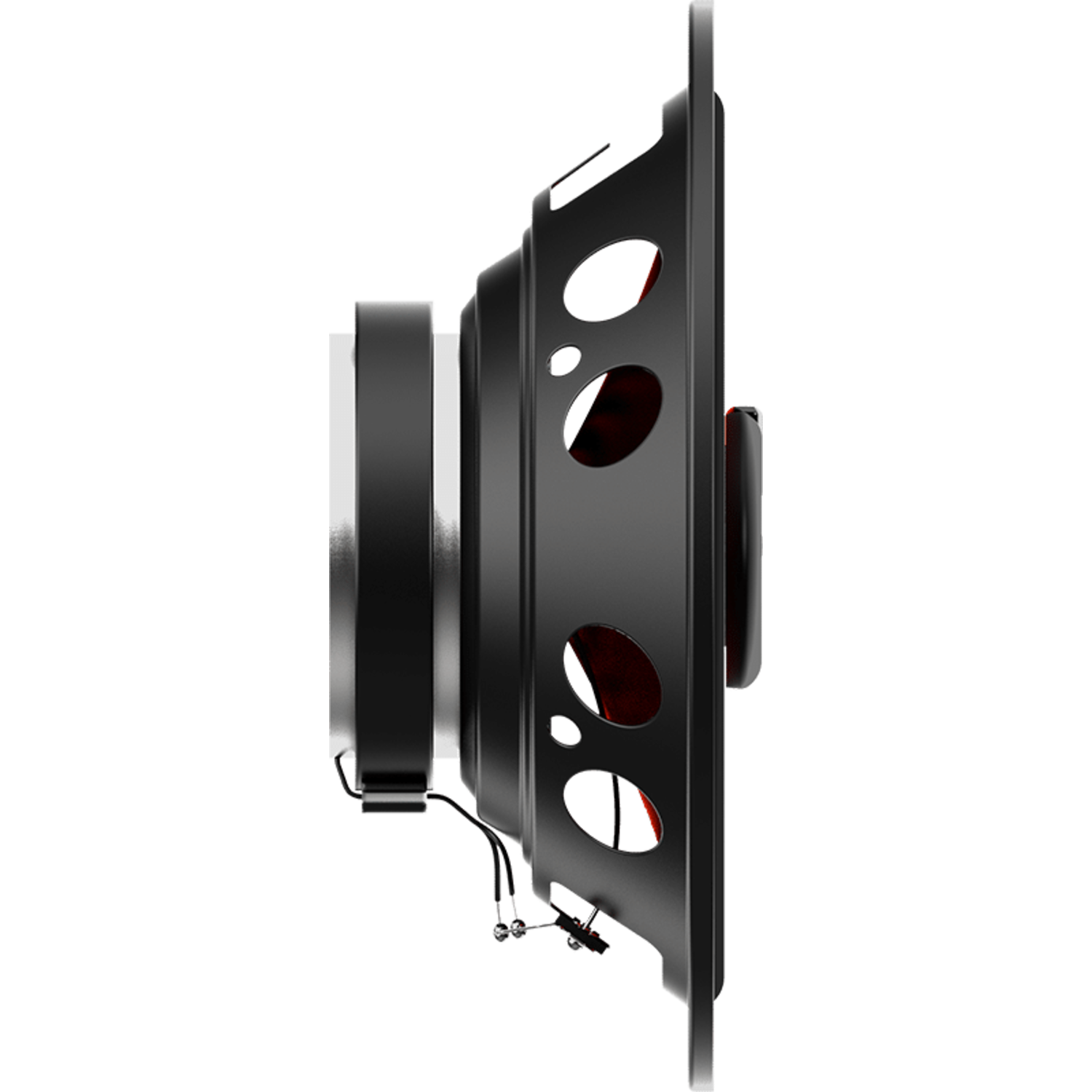 Side view of a black car speaker with red center, black background. Visible holes and wires.