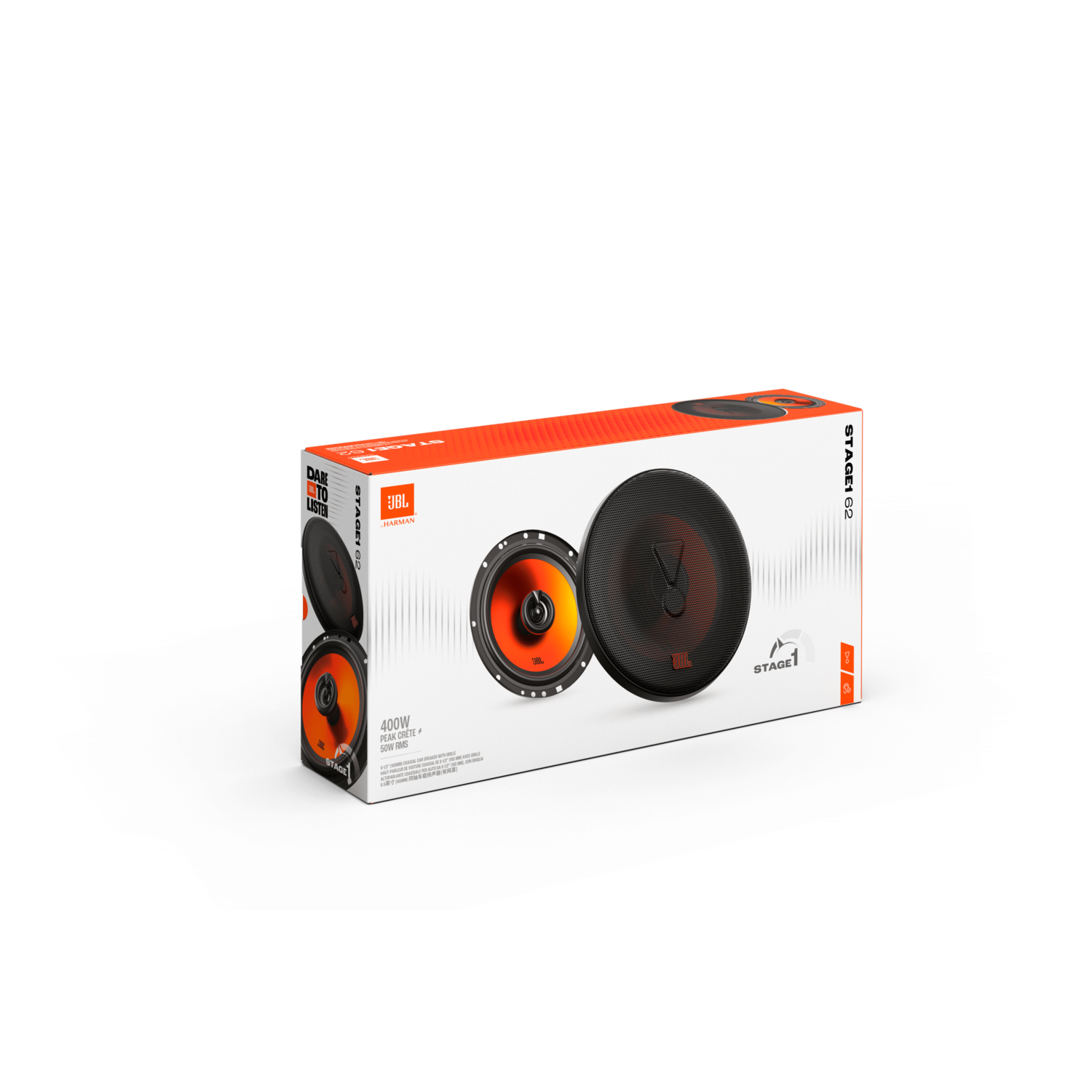 White and orange JBL speaker box with two speakers, set against a black backdrop.