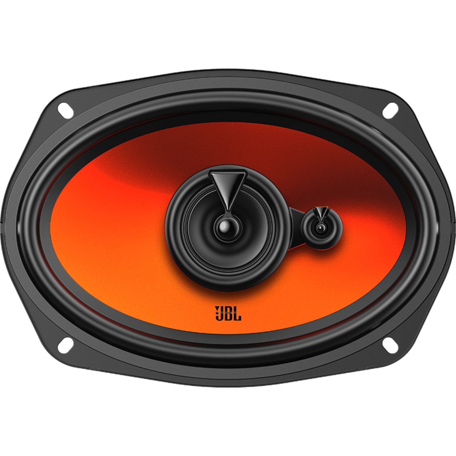 Oval black car speaker with orange interior and JBL logo. Black background.
