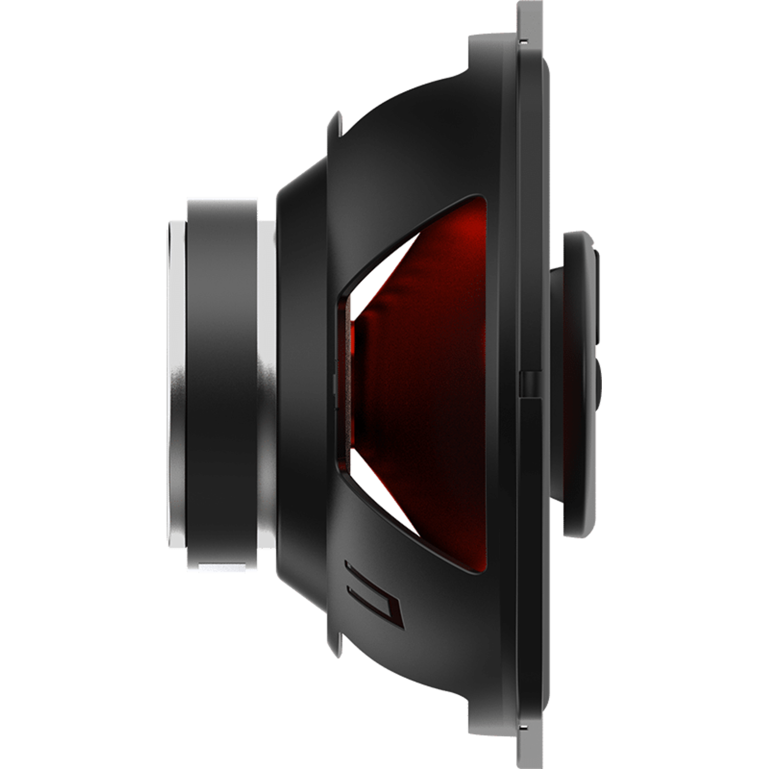 Side view of a black car speaker with a red interior. Black background.