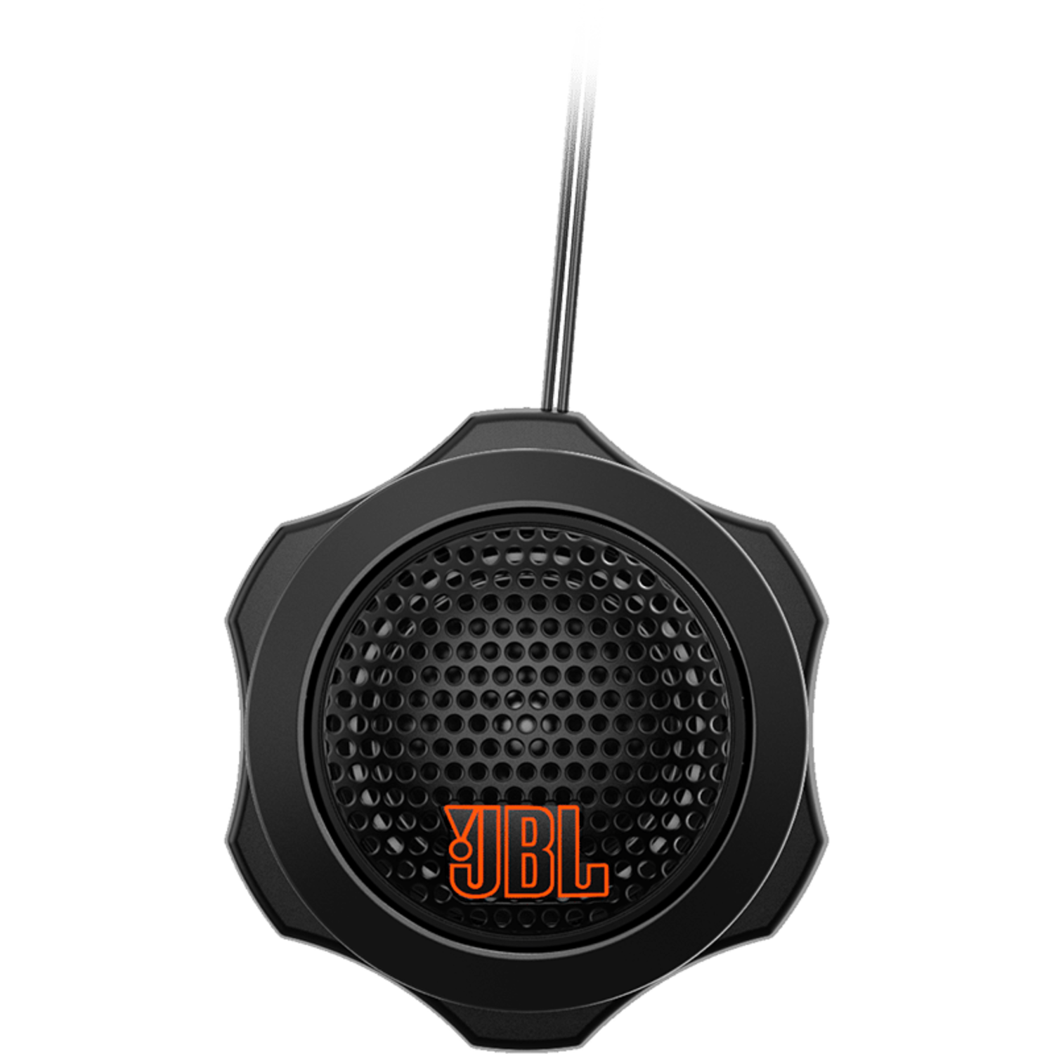 Zwarte JBL tweeter speaker. Zwarte achtergrond. JBL-logo.