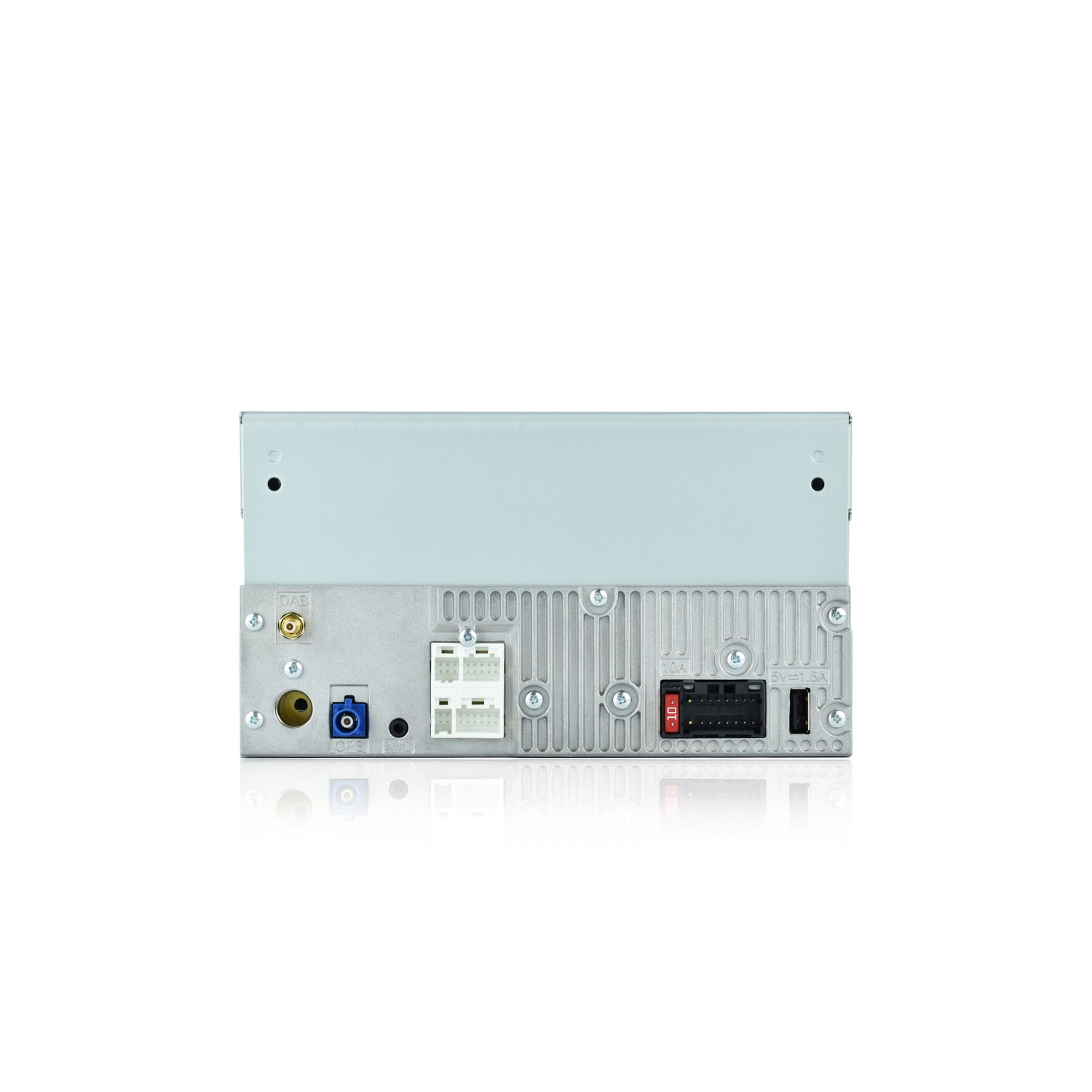 Back of a Pioneer car stereo showing connectors and ports. White background.