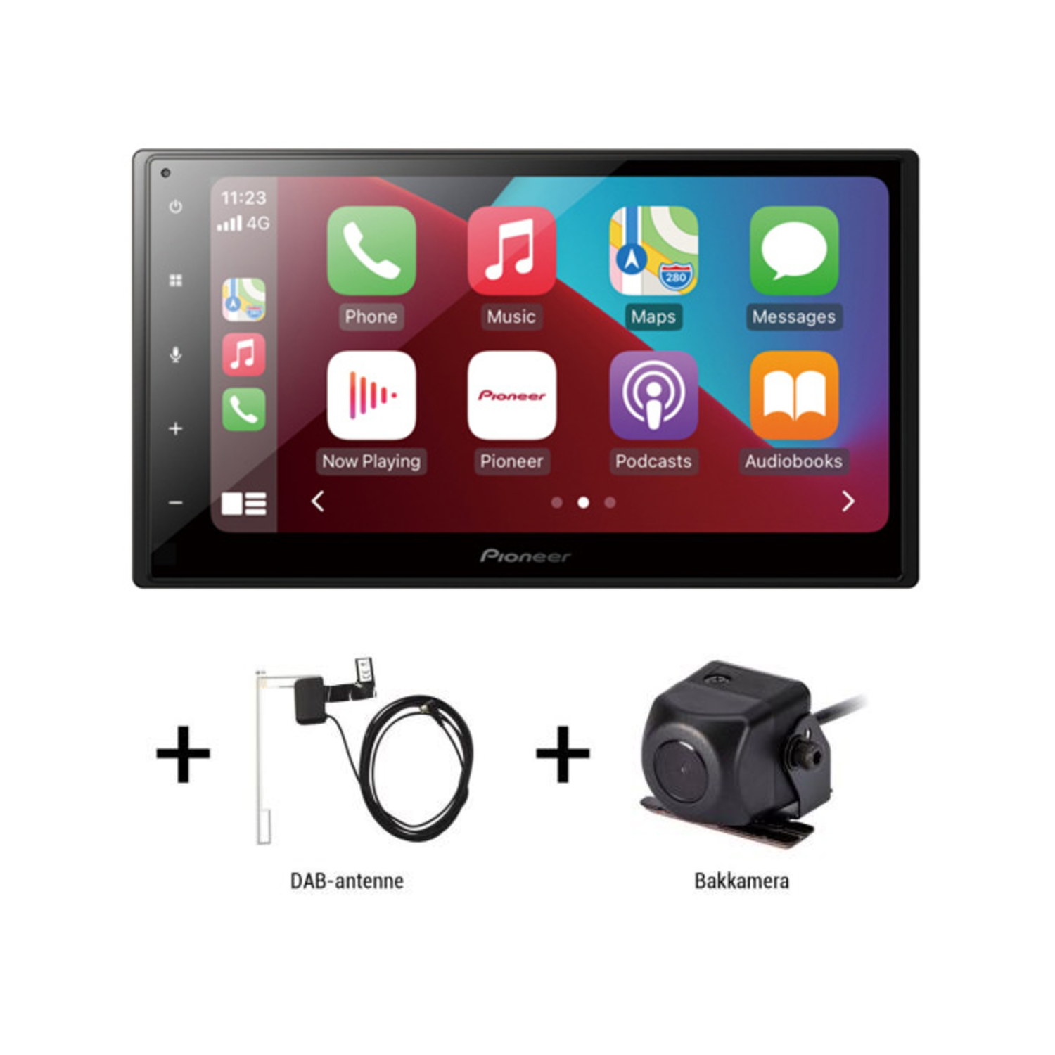 Pioneer car stereo screen with app icons, plus a DAB antenna and a backup camera. Black background.