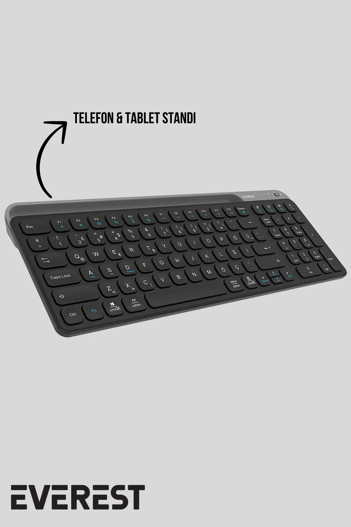 Telefon ve tablet standı olan siyah klavye.