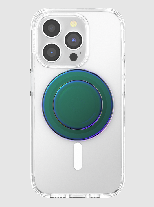 Transparente Handyhülle mit schillerndem Popsocket. iPhone mit Kameralinsen. Weißer Hintergrund.