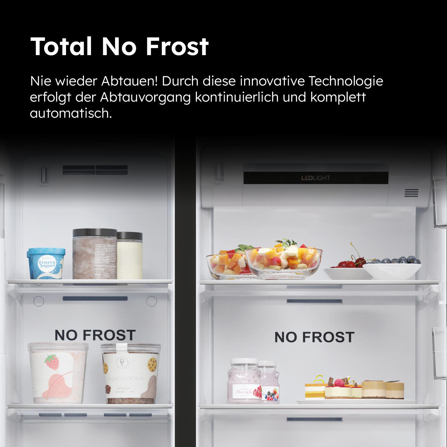 Kühlschrank offen, zwei Fächer mit Essen. Text und Lebensmittel.