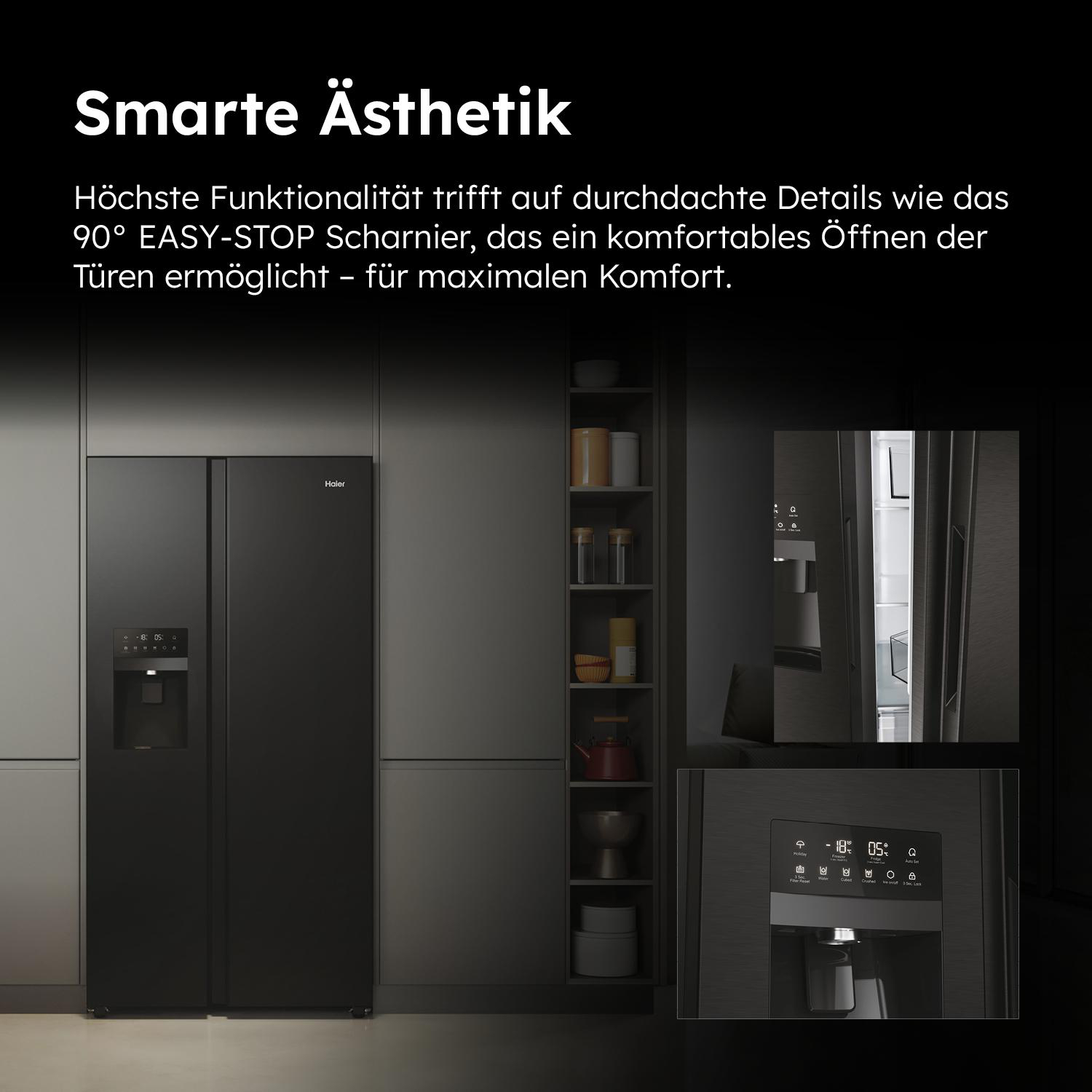 Schwarzer Kühlschrank mit Wasserspender, mit Text und inset-Bildern.