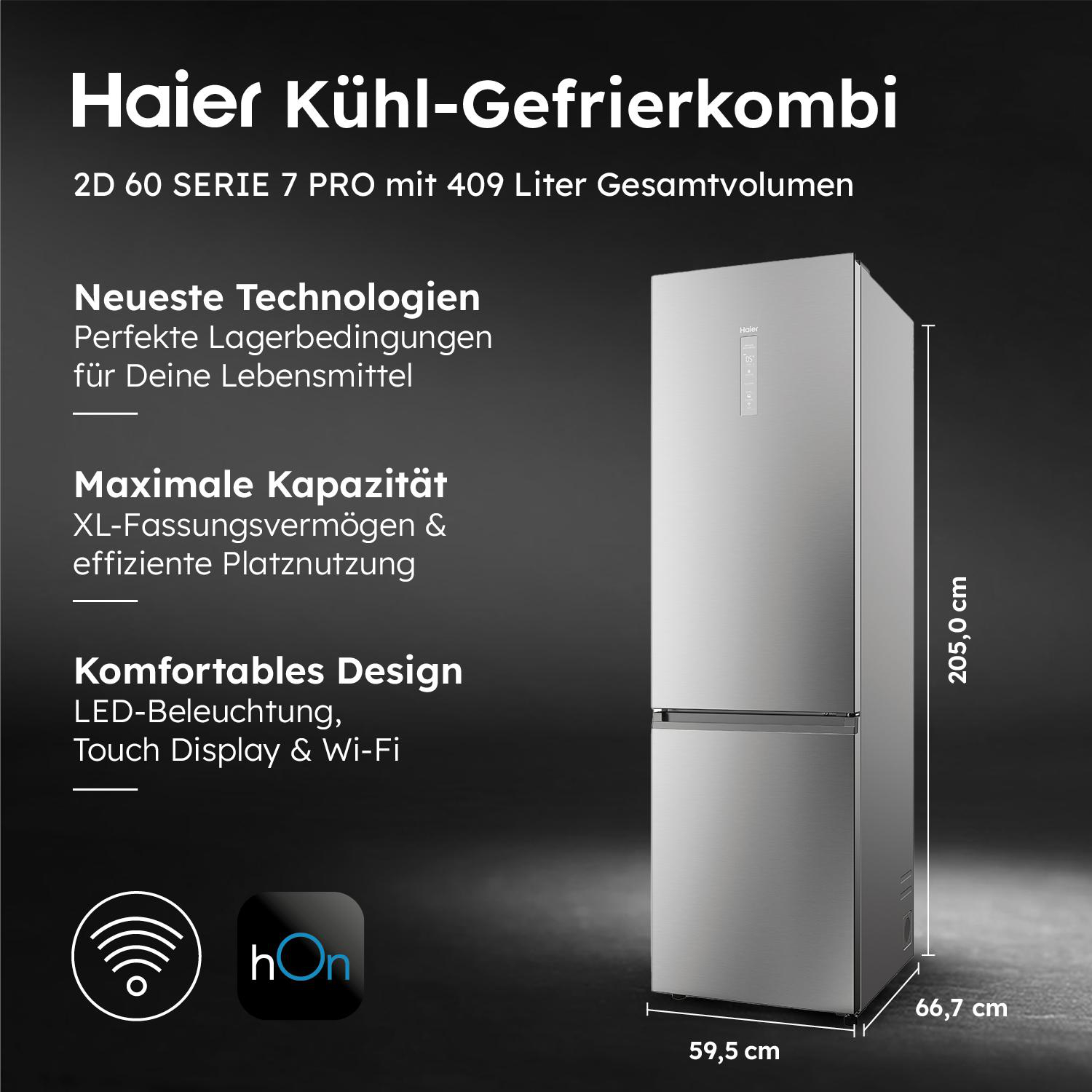 Kühlschrank mit Text, der Funktionen beschreibt: Haier Kühl-Gefrierkombi, 2D 60 SERIE 7 PRO, usw.