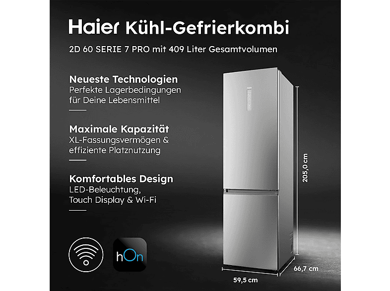 HAIER HDPW7620ANPK 2D 60 SERIE 7 PRO Kühlgefrierkombination (A, 409 l, 2050 mm hoch, Inox / Edelstahlfront)