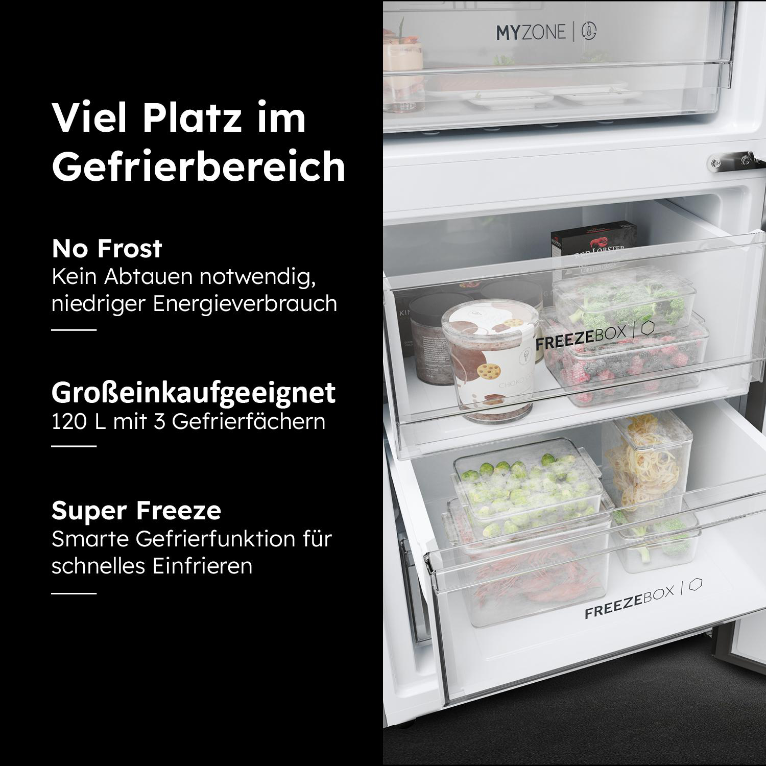 Kühlschrankinnenraum mit Gefrierschubladen, die Tiefkühlkost enthalten. Text hebt Funktionen wie No Frost und Super Freeze hervor.