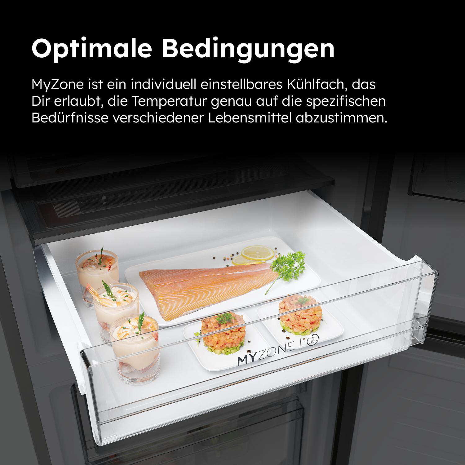 Kühlschublade mit verschiedenen zubereiteten Speisen. Text erwähnt MyZone zur Temperaturregelung.