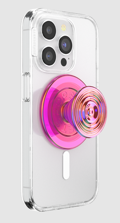 Telefon in einer transparenten Hülle mit pinkem PopSockets-Griff. Der Griff ist angewinkelt.
