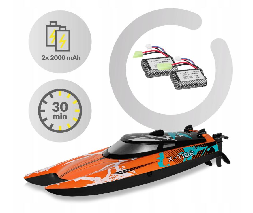 Pomarańczowa i czarna łódź zdalnie sterowana z akcesoriami. Zawiera baterie i 30 minut pracy.