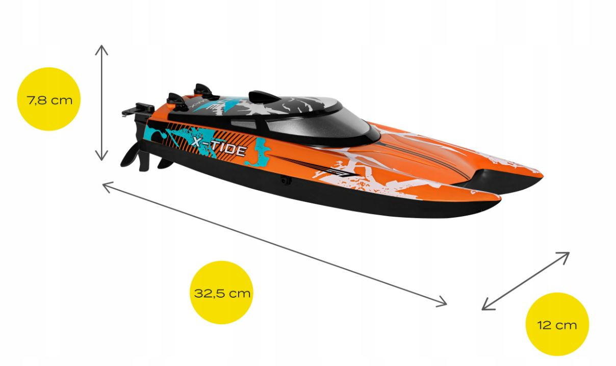 Wyświetlane są wymiary łodzi: 32,5 cm długości, 7,8 cm wysokości i 12 cm szerokości.