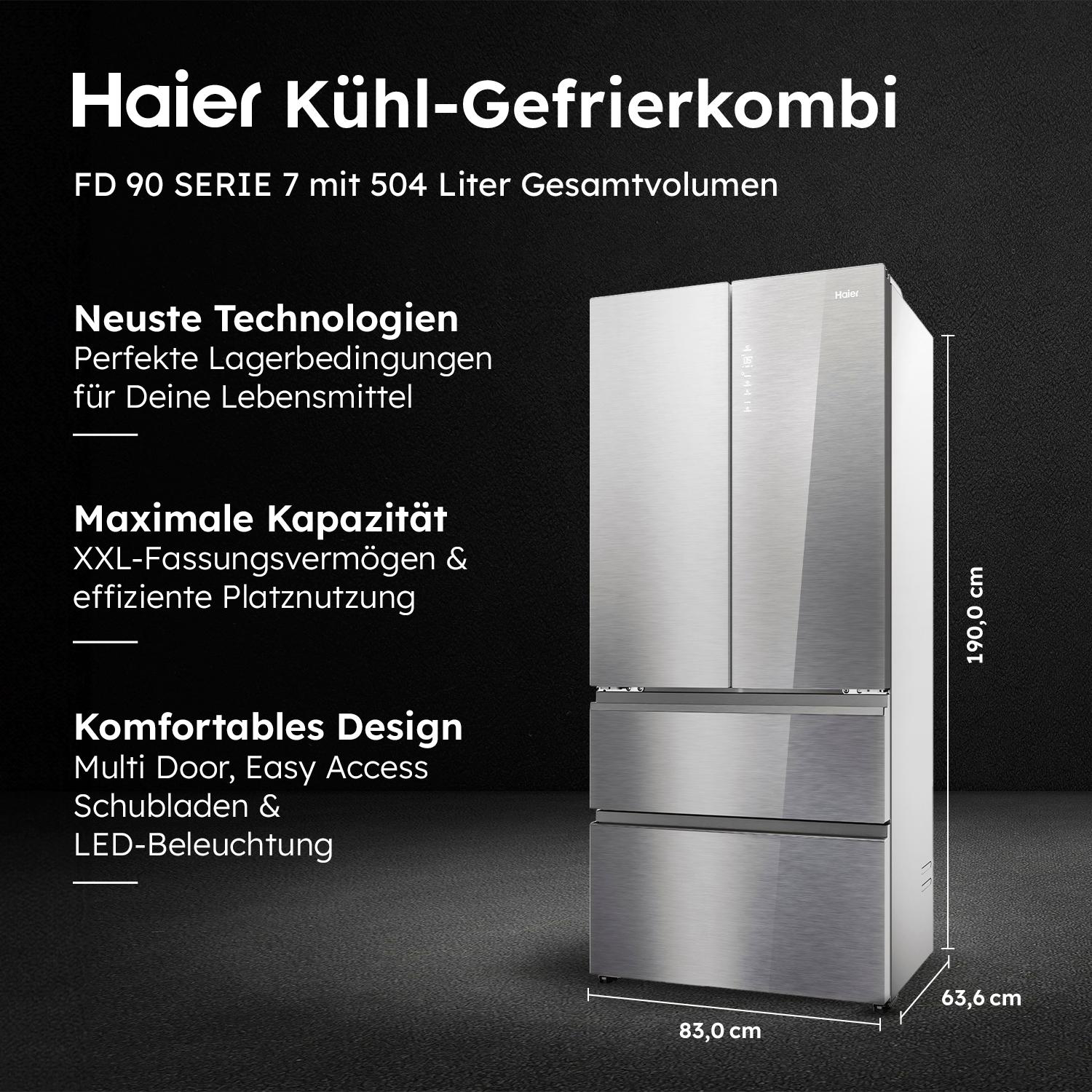 Haier Kühlschrank mit drei Türen und zwei Schubladen. Silberfarben mit Text über Funktionen.