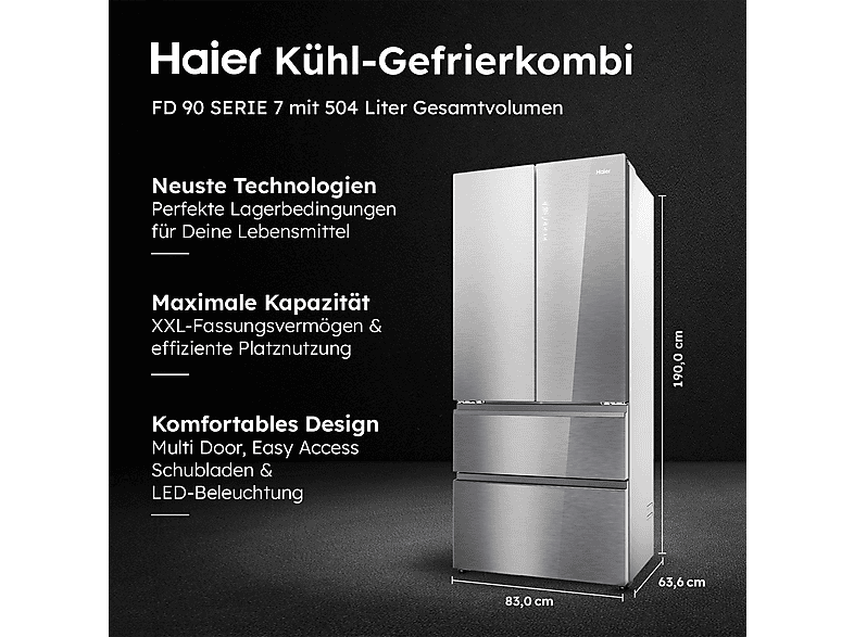 HAIER HFR7819ENGC FD 90 SERIE 7 French Door (504 l, E, 1900 mm hoch, Glas Front – Iconic Glas)