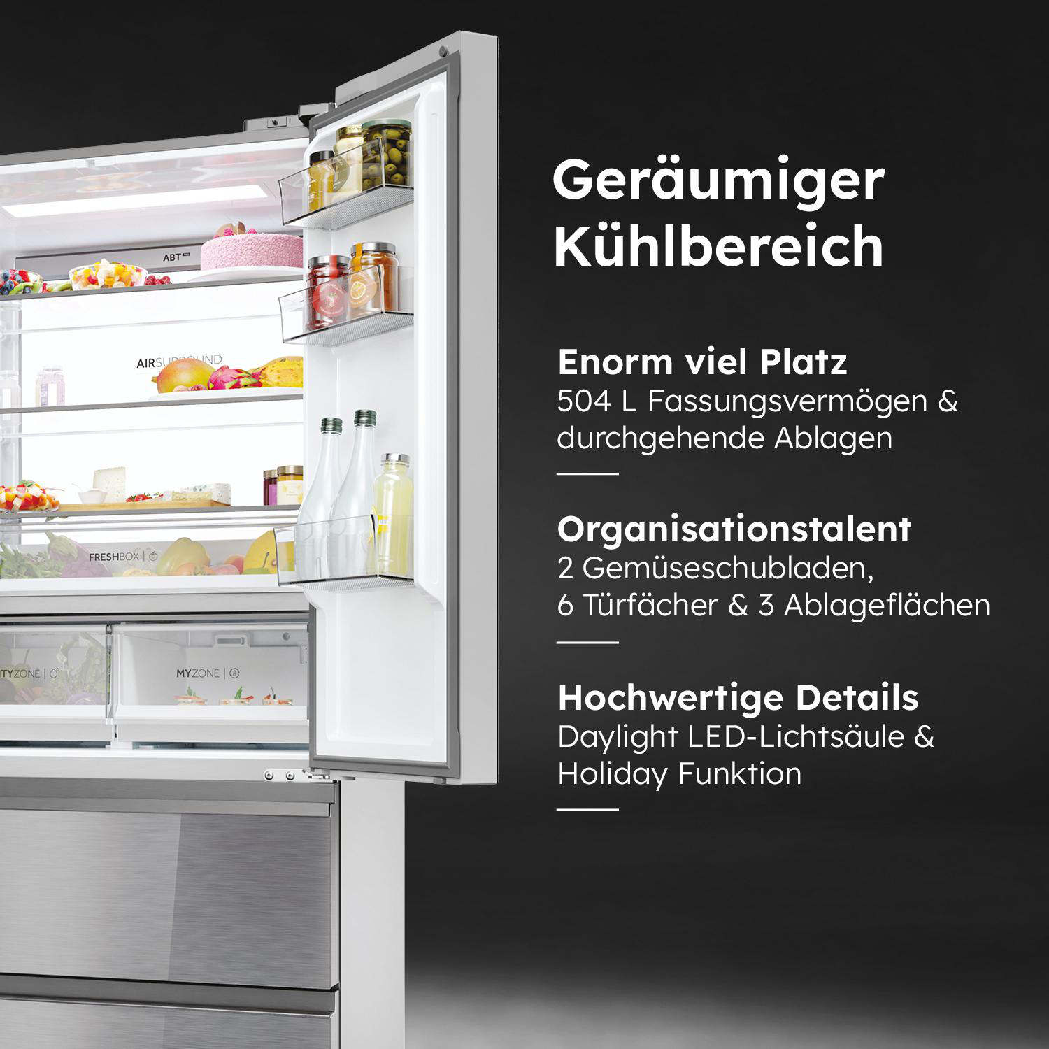 Offener Haier-Kühlschrankinnenraum. Zeigt Regale, Schubladen und verschiedene Lebensmittel.