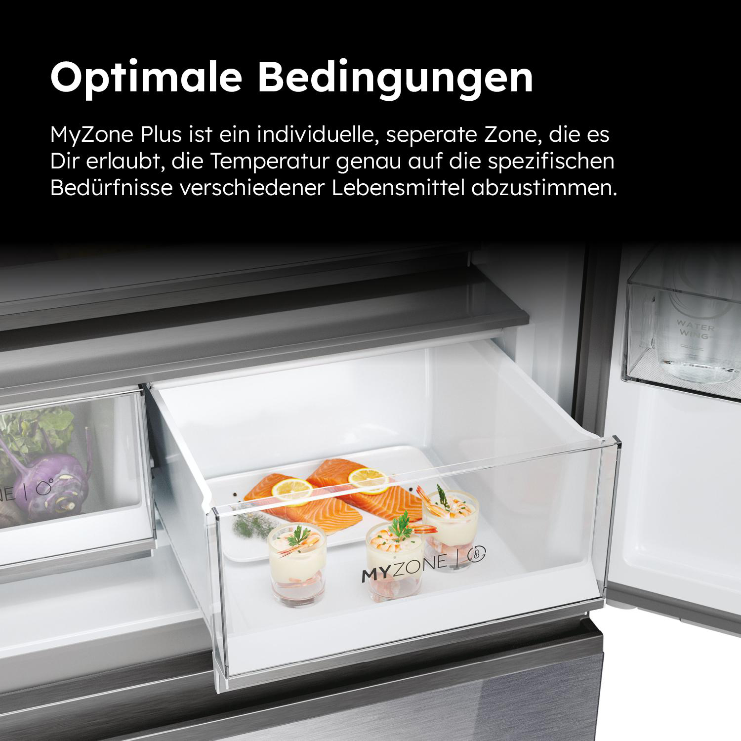 Haier Kühlschrank Schublade mit Lebensmitteln. Enthält Lachs und Vorspeisen in der MyZone.