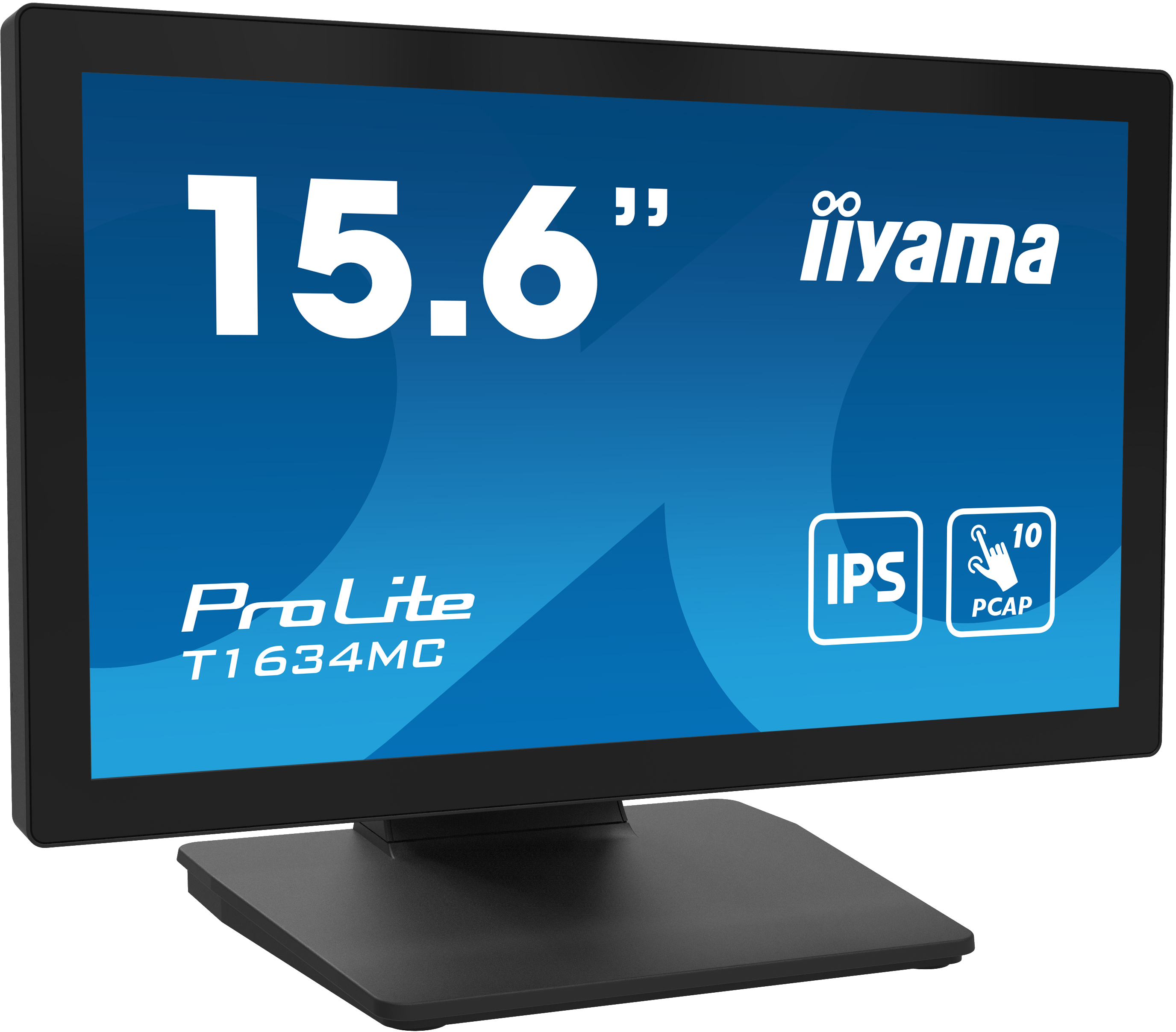 Iiyama ProLite Monitor. Blauer Bildschirm, weißer Text und Symbole. Schwarzer Rahmen und Ständer.