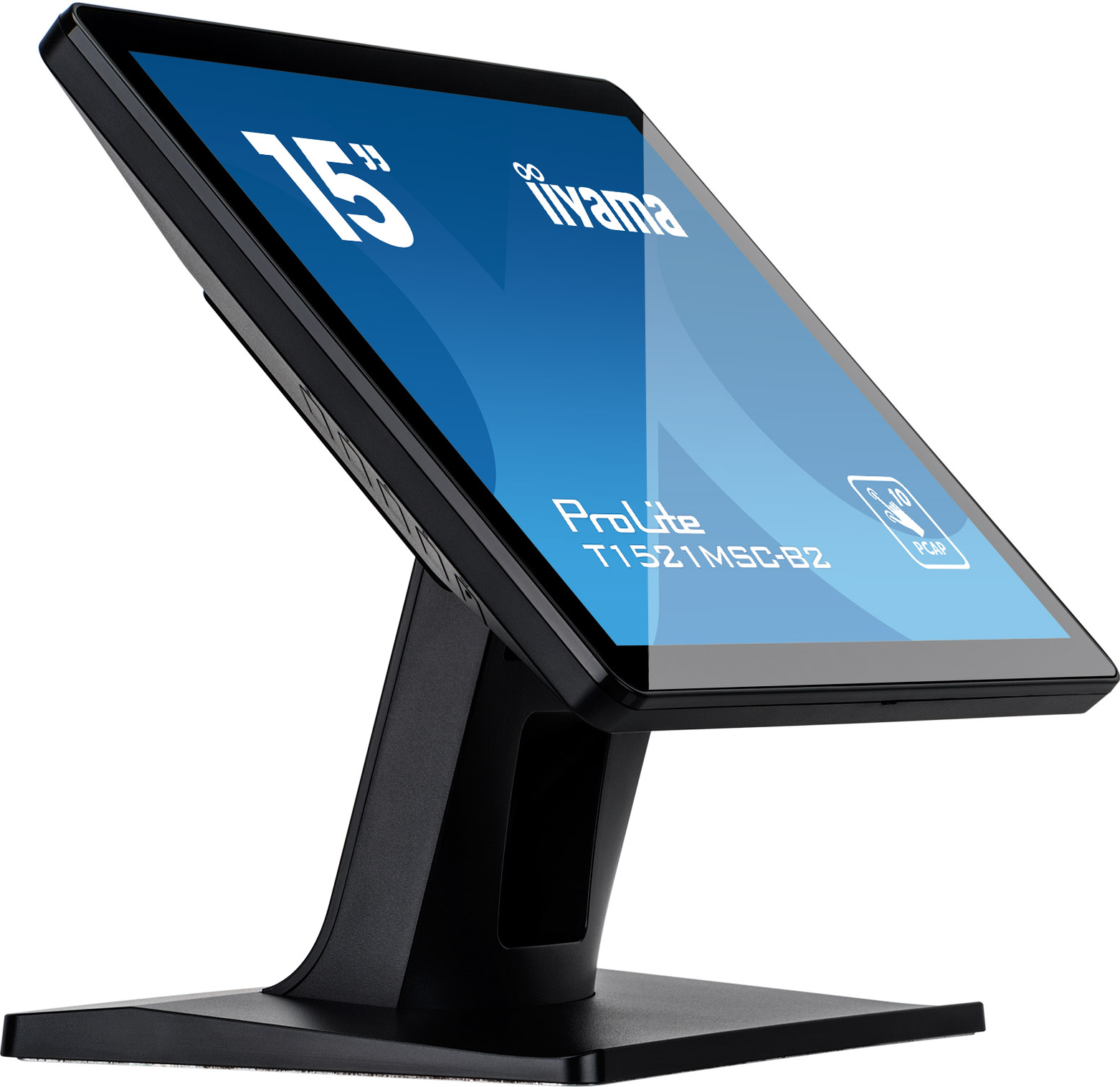Iiyama ProLite Monitor. Abgewinkelte Ansicht des Bildschirms mit weißem Text und Symbolen.