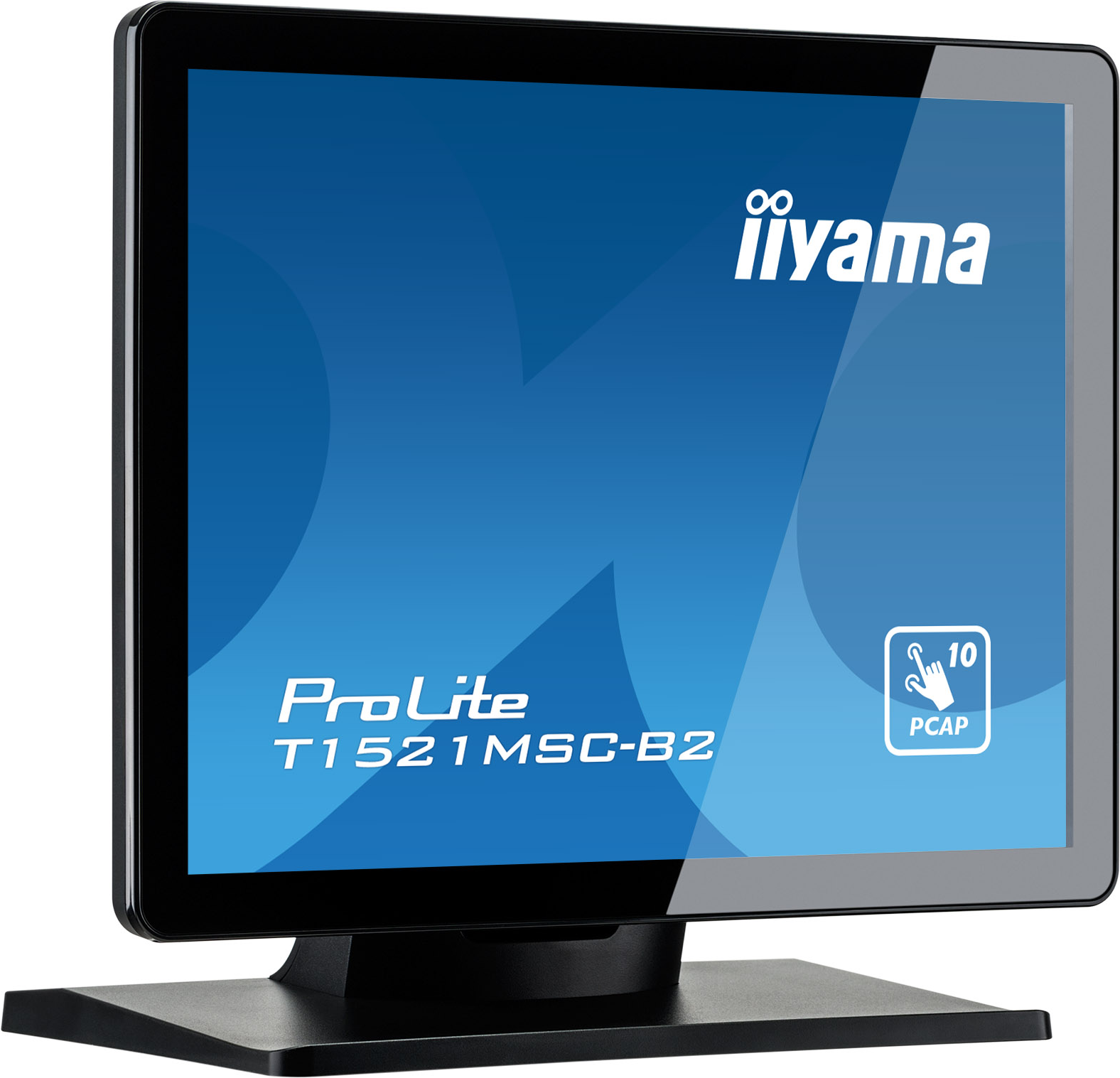 Schwarzer iiyama ProLite-Monitor. Blaues Display mit Markenlogo und Touchscreen-Funktionen.