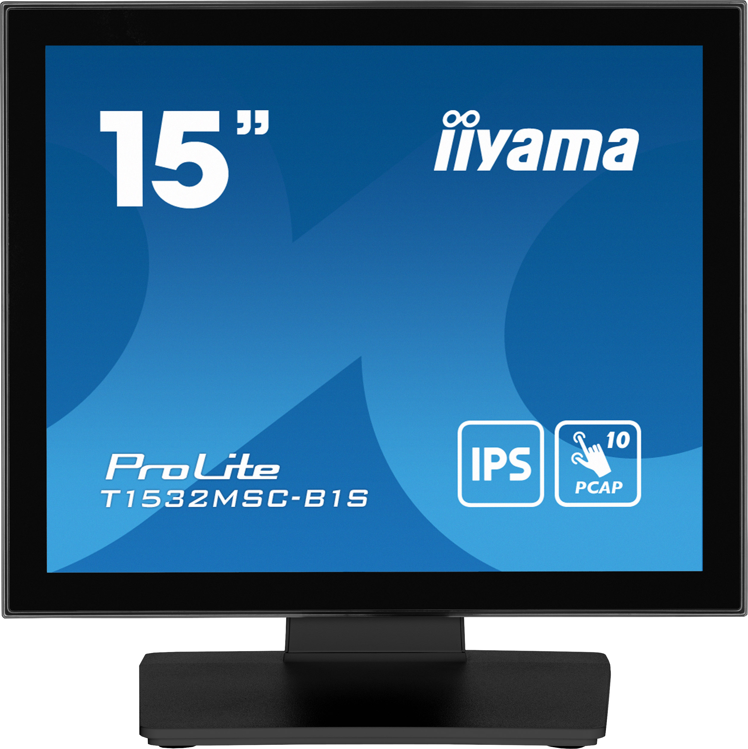 Ein schwarzer iiyama ProLite 15" Monitor wird auf weißem Hintergrund gezeigt, der einen blauen Bildschirm zeigt.