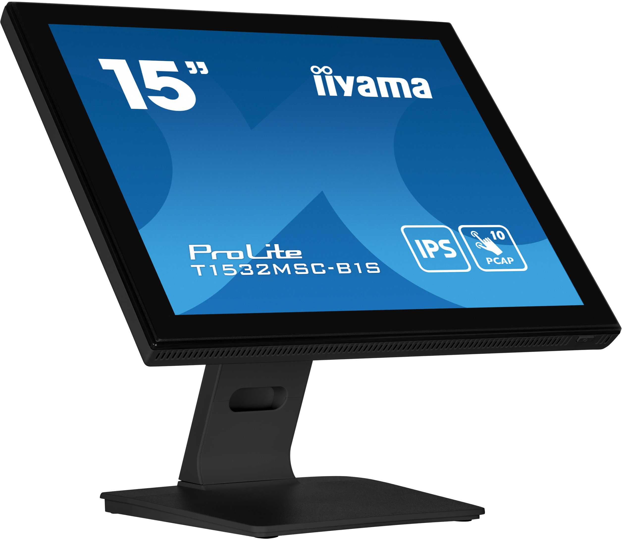 Ein iiyama ProLite 15" Monitor, schwarz, abgewinkelt. Er steht auf einem schwarzen Ständer und zeigt einen blauen Bildschirm.