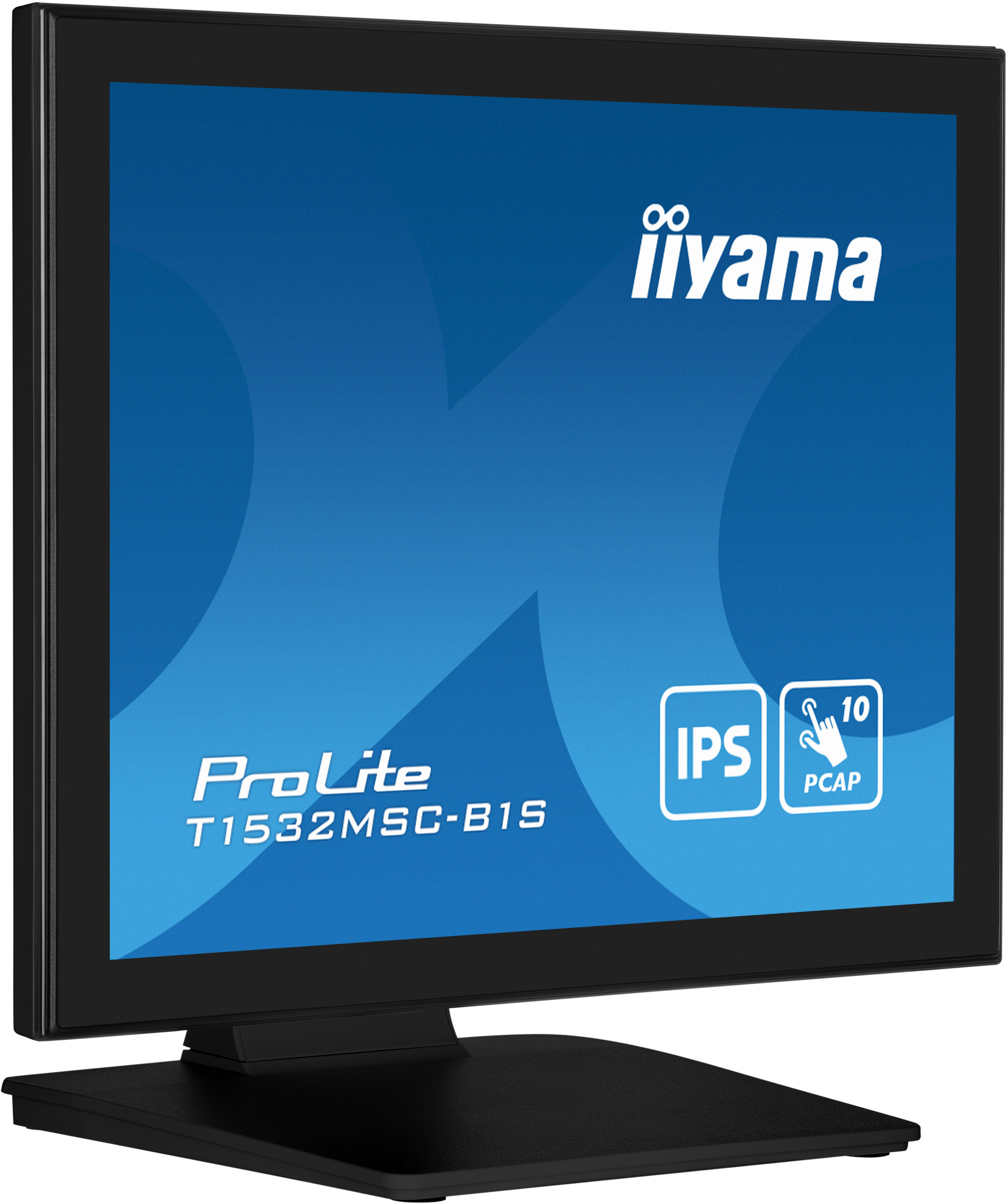 Ein iiyama ProLite 15" Monitor, schwarz, geradeaus. Er steht auf einem schwarzen Ständer und zeigt einen blauen Bildschirm.