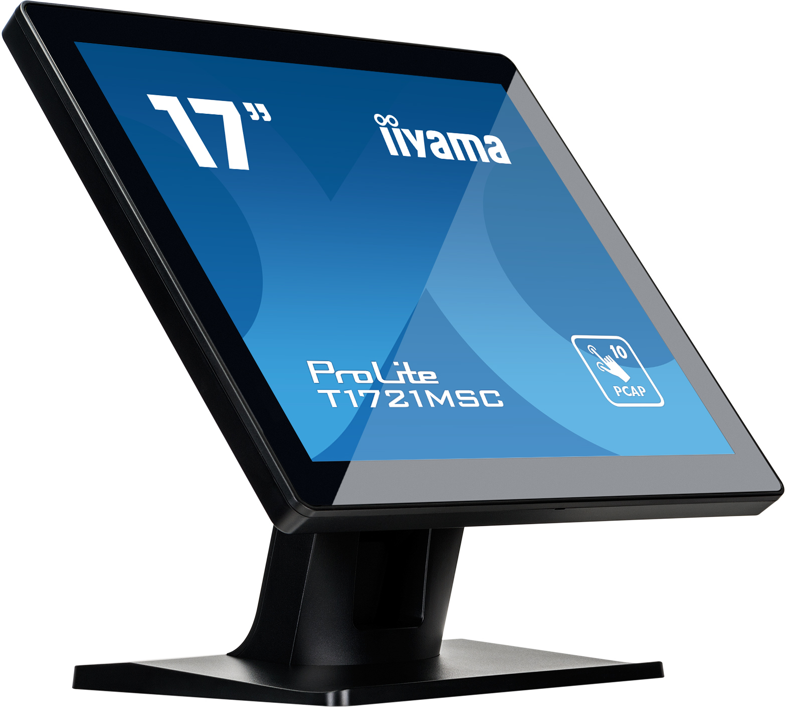 Ein schwarzer iiyama ProLite 17" Monitor abgewinkelt. Auf einem schwarzen Ständer. Blauer Bildschirm mit Touch-Symbol.