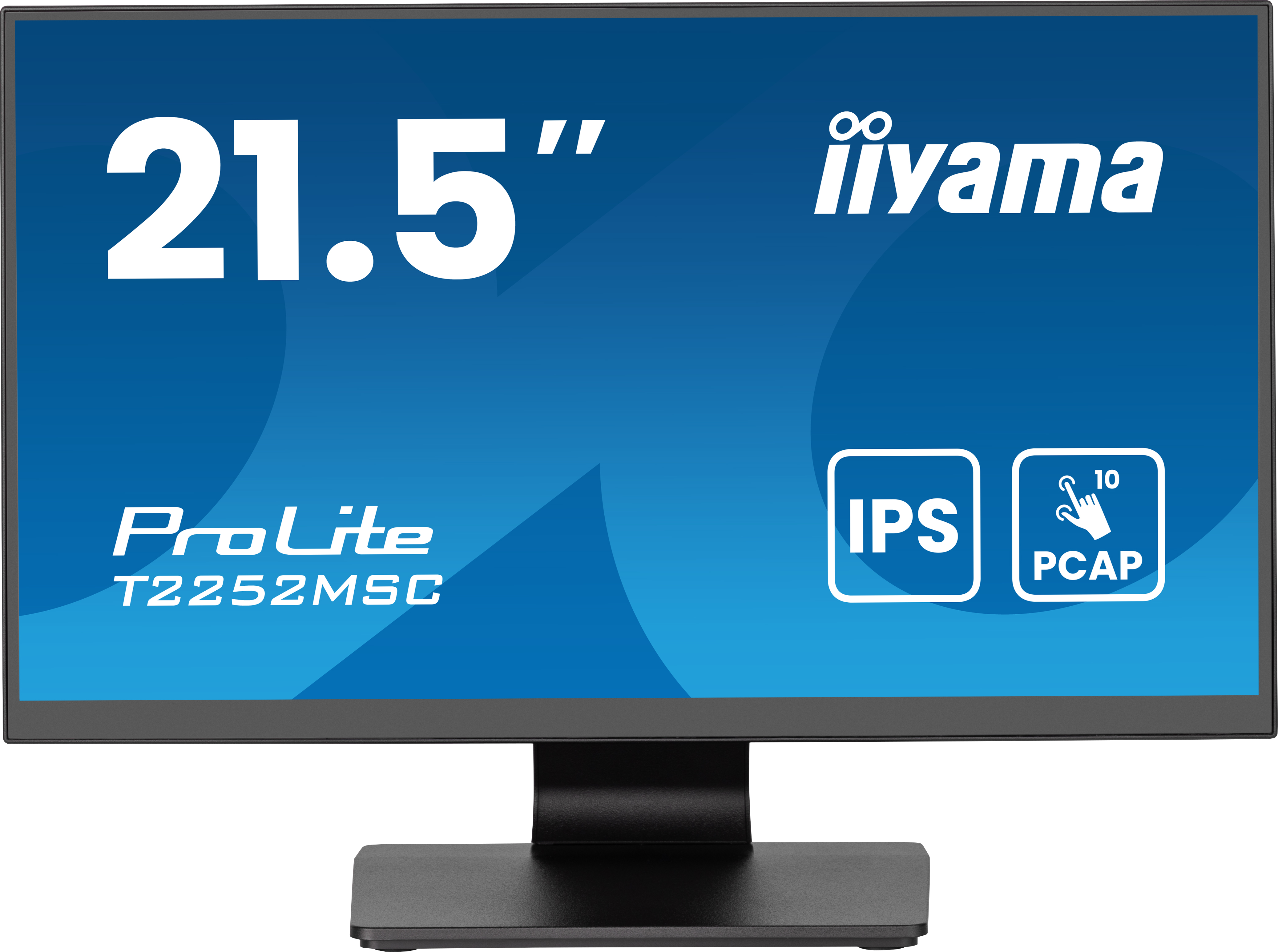 Ein schwarzer iiyama ProLite 21,5" Monitor abgewinkelt. Auf einem schwarzen Ständer. Blauer Bildschirm mit Touch-Symbol.
