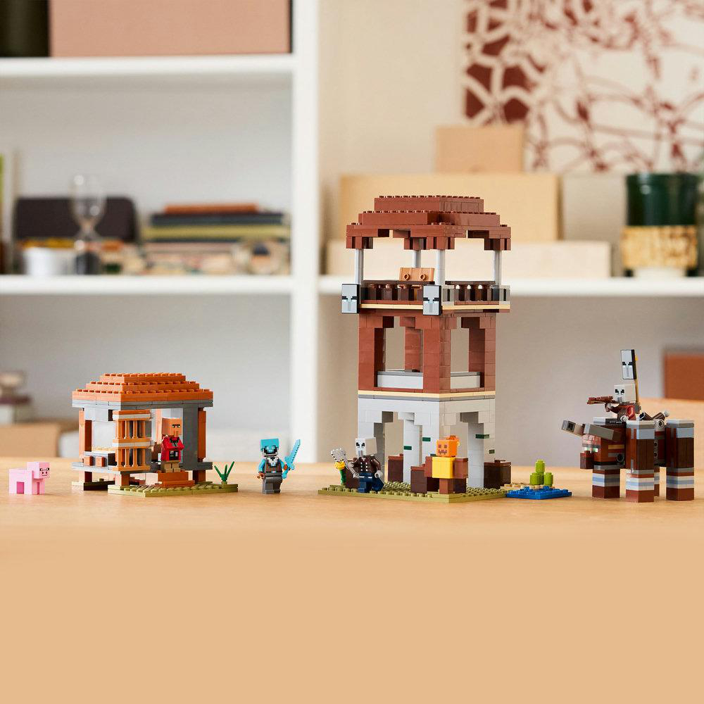 Ein Set aus Lego-Steinen, ein Gebäude mit Figuren.
