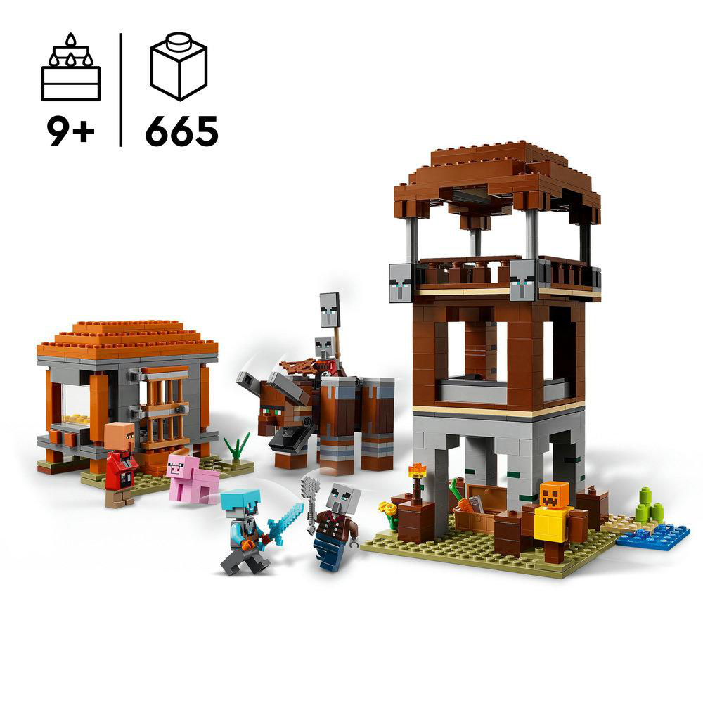 Ein Lego Minecraft Set mit mehreren Figuren und einem Gebäude.
