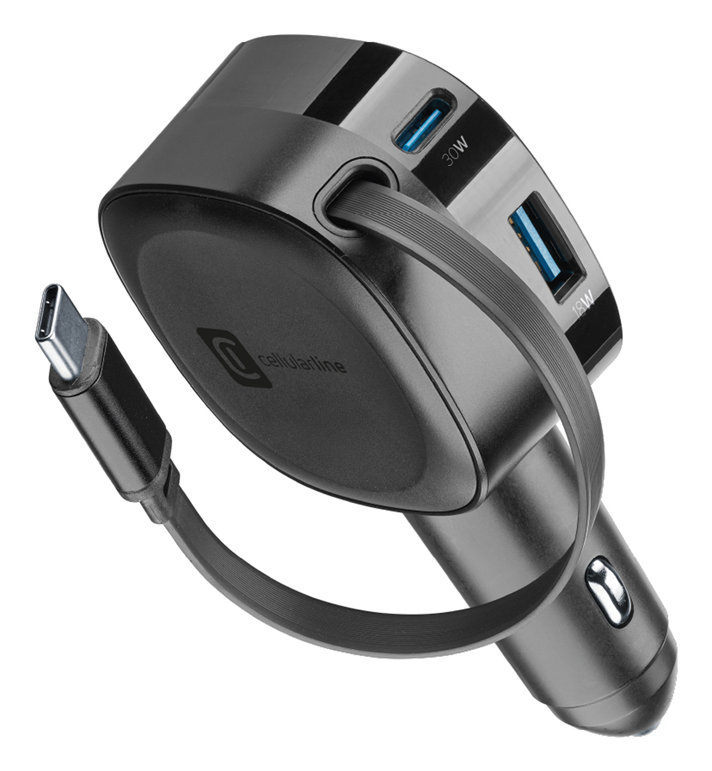 Un cargador de coche negro y gris con dos puertos USB.